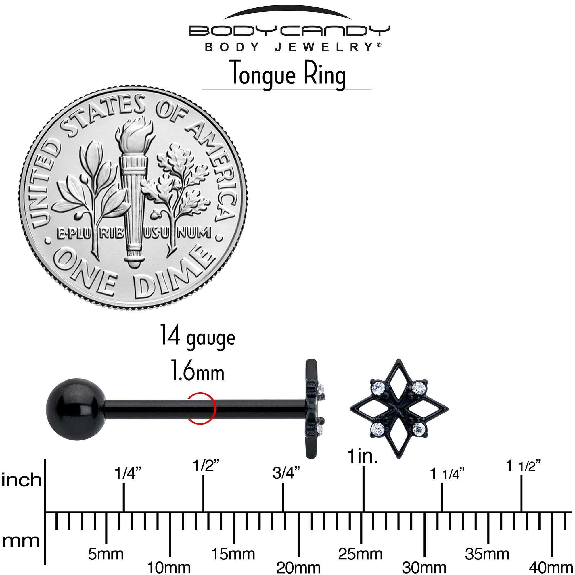 Clear CZ Gem Black Gothic Star Barbell Tongue Ring | BARBELL Tongue | Wiccan Center
