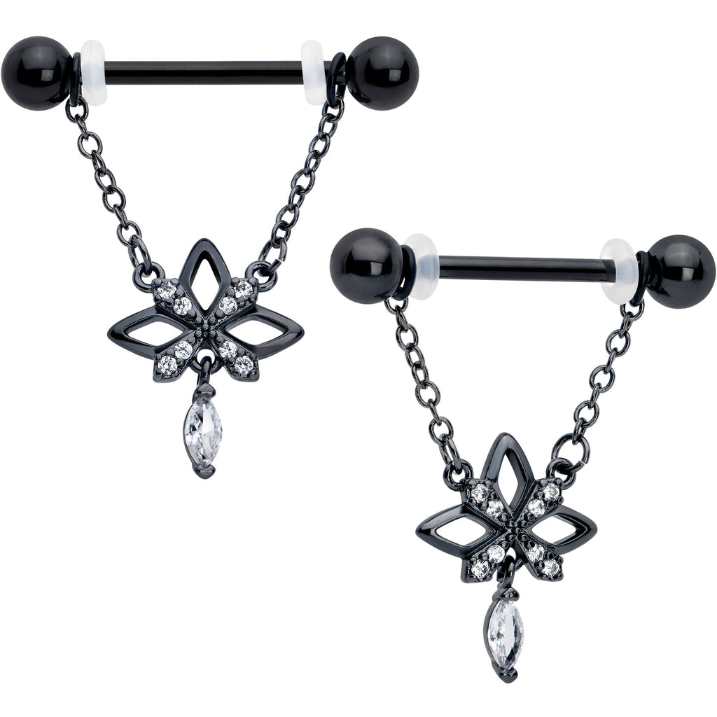 14G 9/16 Clear CZ Gem Black Gothic Star Dangle Nipple Ring Set | NIPPLE RING Dangle | Wiccan Center