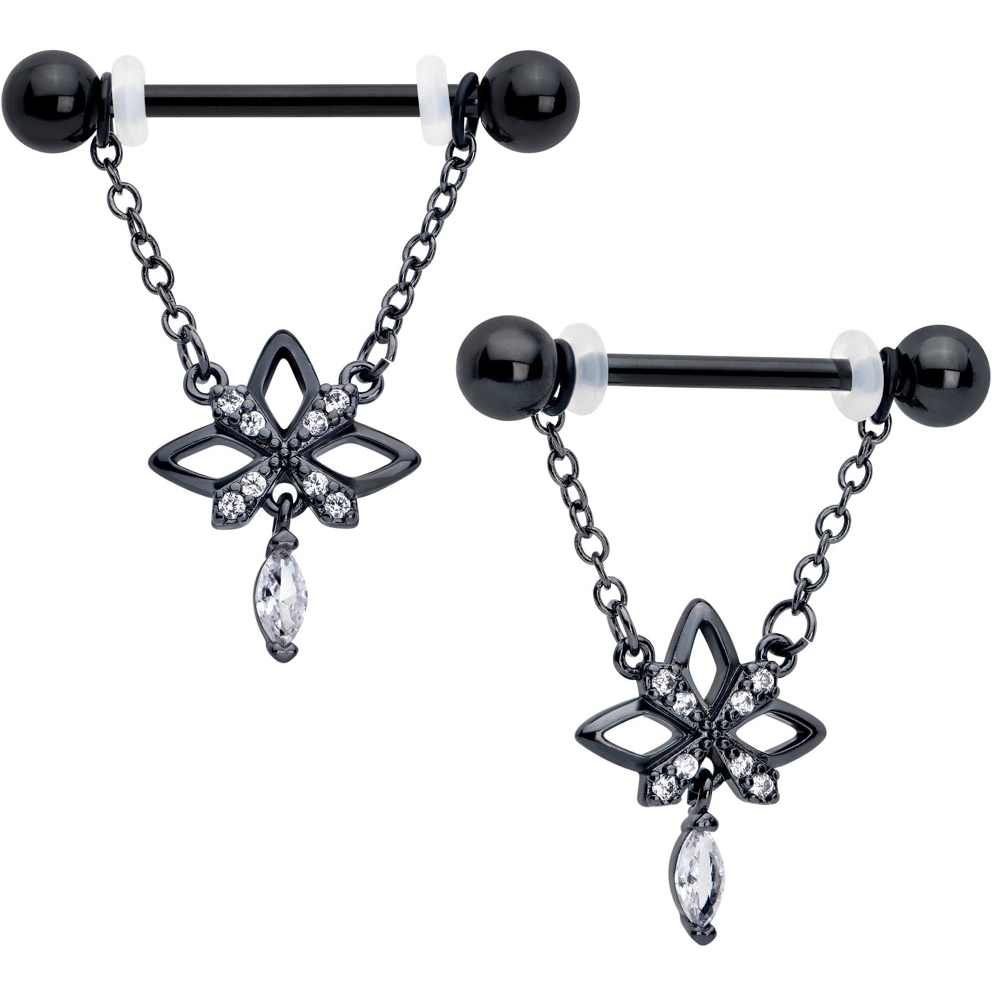 14G 9/16 Clear CZ Gem Black Gothic Star Dangle Nipple Ring Set | NIPPLE RING Dangle | Wiccan Center