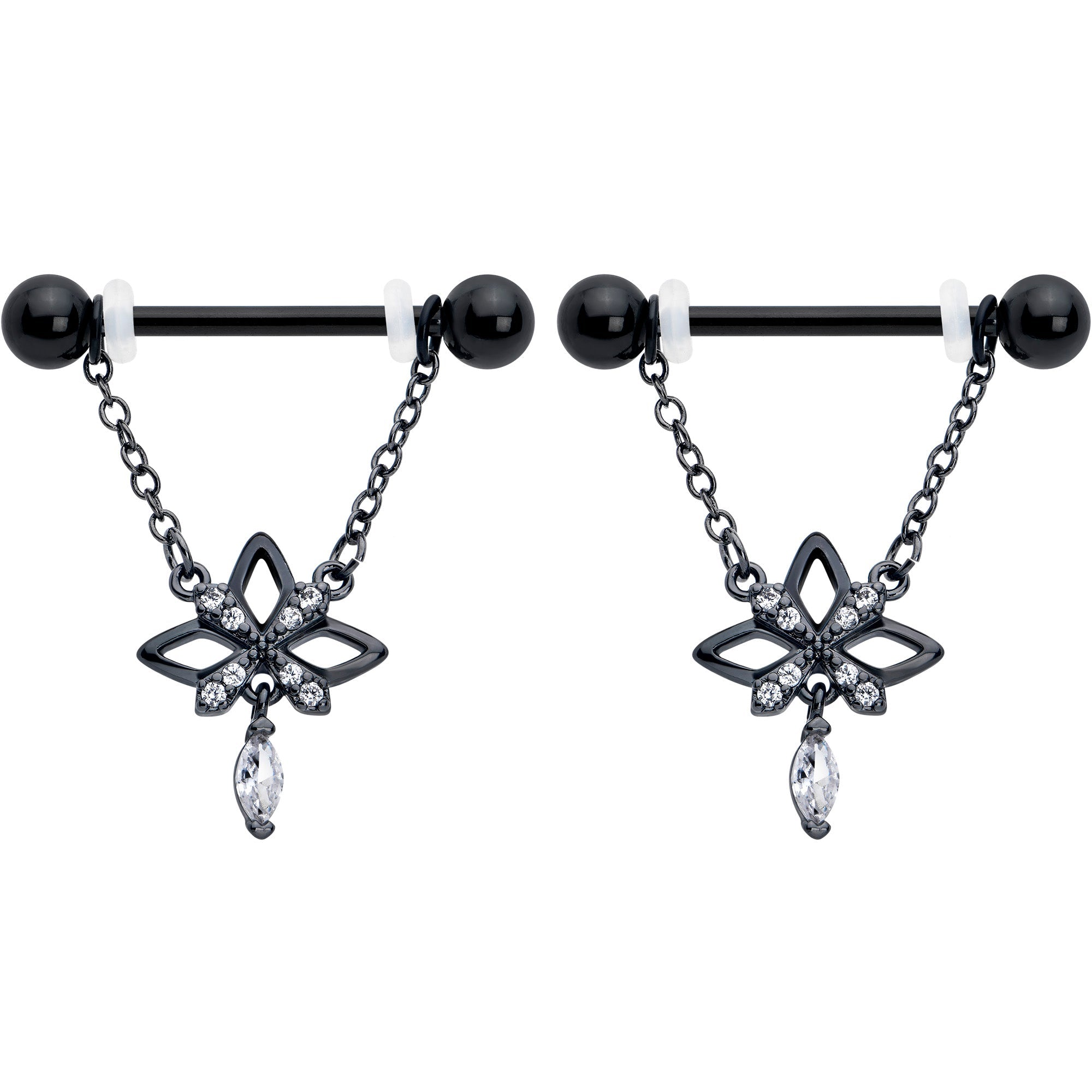 14G 9/16 Clear CZ Gem Black Gothic Star Dangle Nipple Ring Set | NIPPLE RING Dangle | Wiccan Center