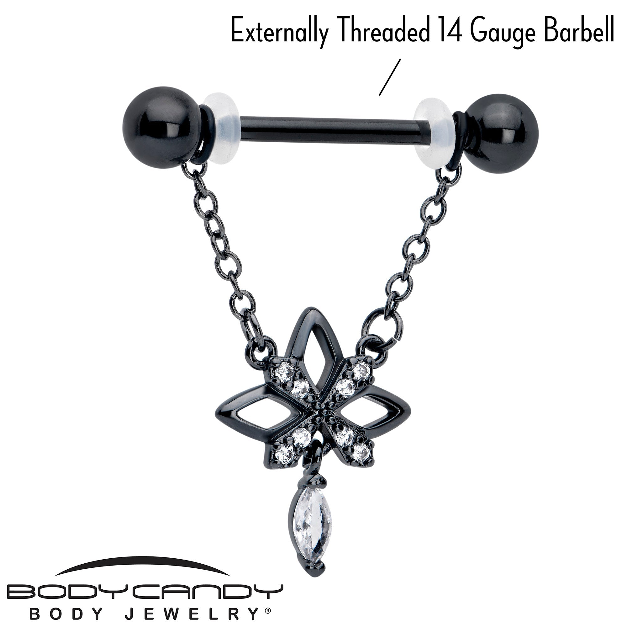 14G 9/16 Clear CZ Gem Black Gothic Star Dangle Nipple Ring Set | NIPPLE RING Dangle | Wiccan Center