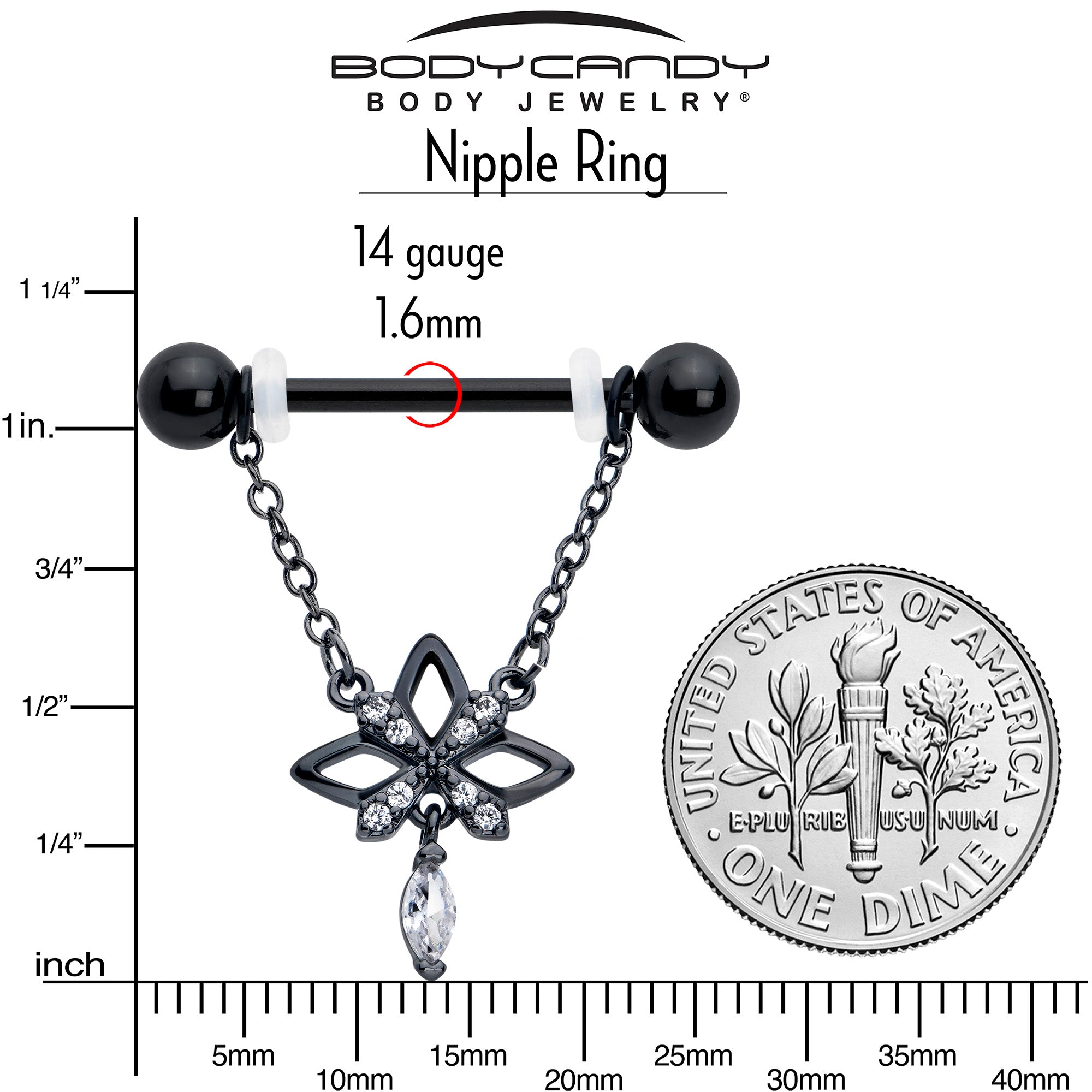 14G 9/16 Clear CZ Gem Black Gothic Star Dangle Nipple Ring Set | NIPPLE RING Dangle | Wiccan Center
