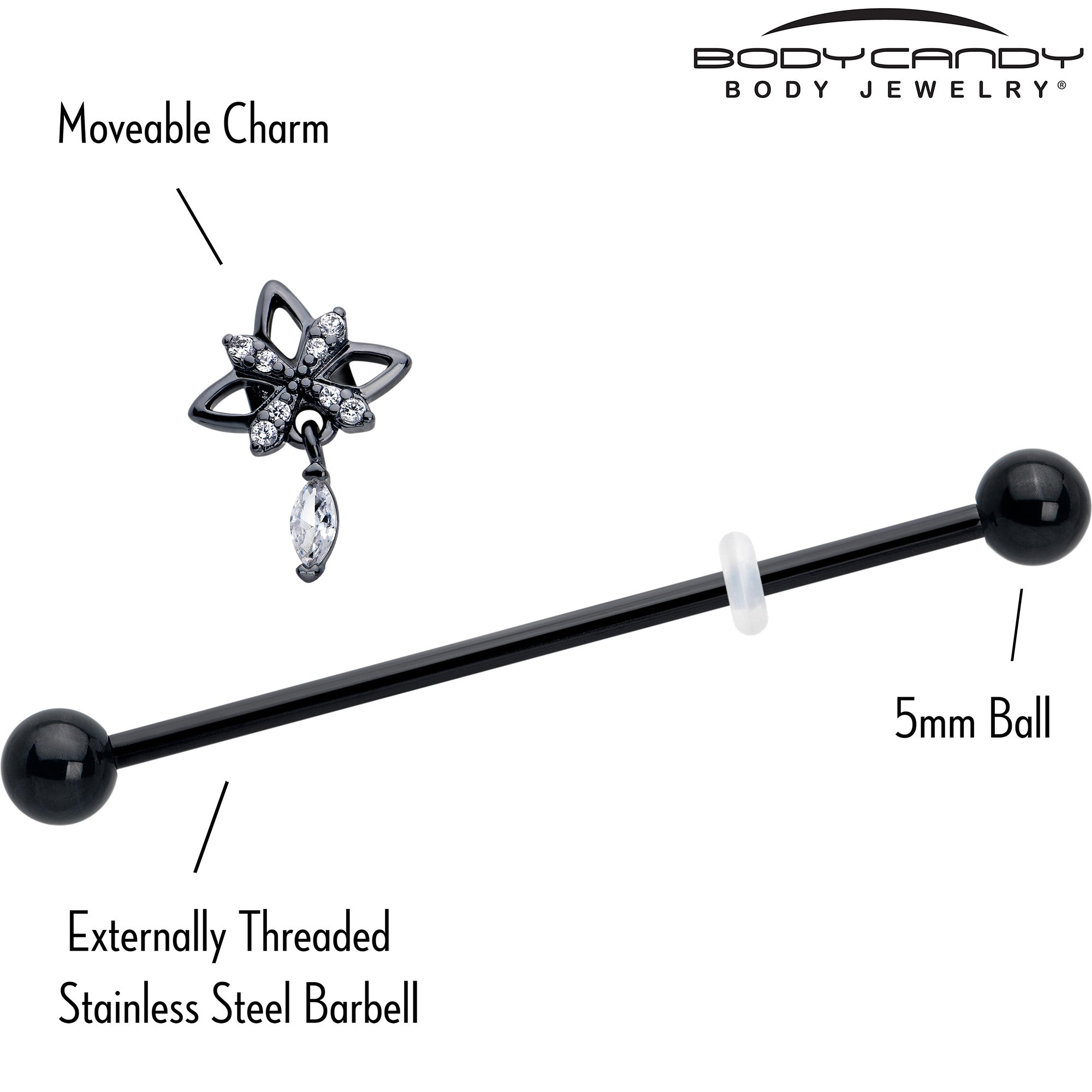 14G Clear CZ Gem Black Gothic Star Dangle Industrial Barbell 38mm | BARBELL Industrial | Wiccan Center