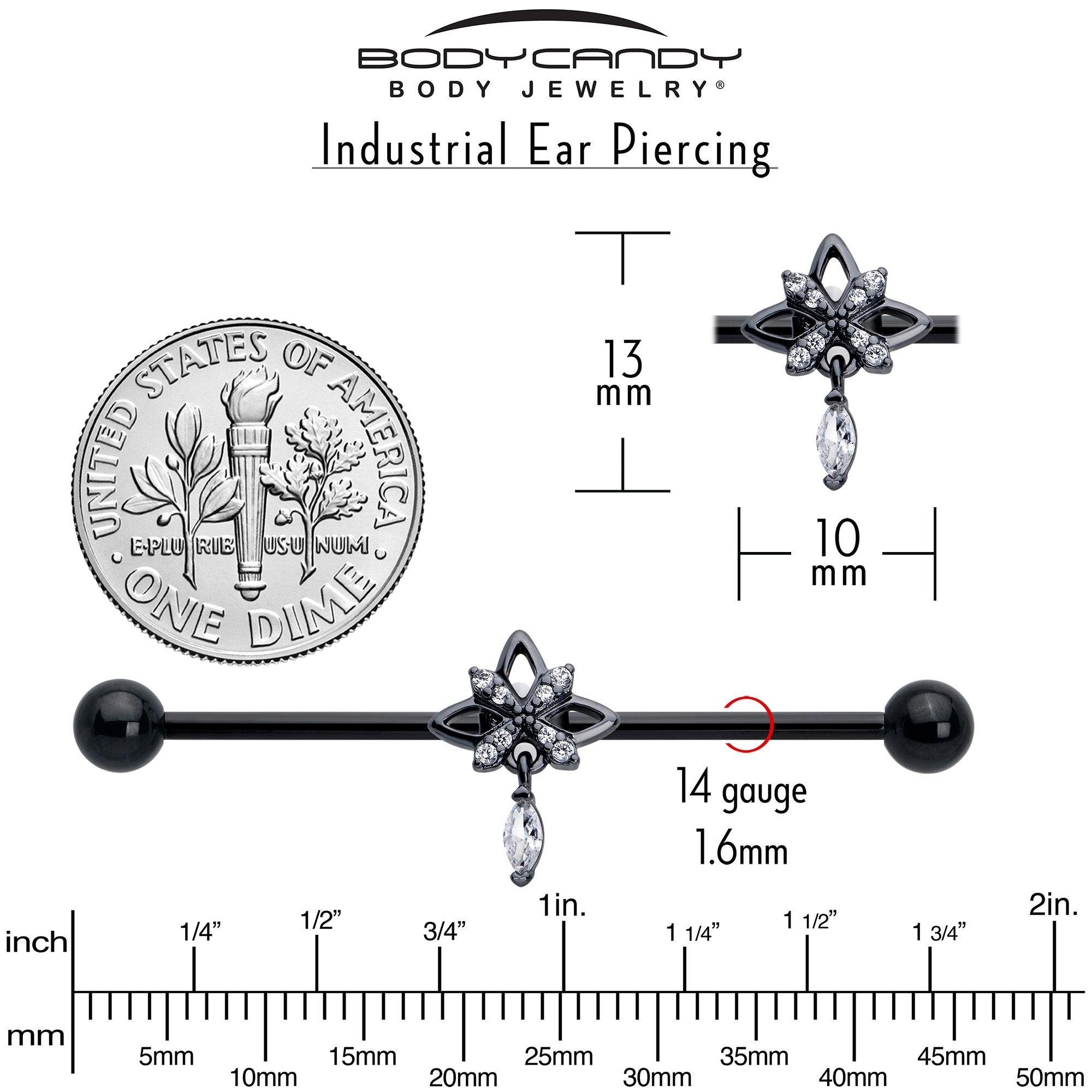 14G Clear CZ Gem Black Gothic Star Dangle Industrial Barbell 38mm | BARBELL Industrial | Wiccan Center