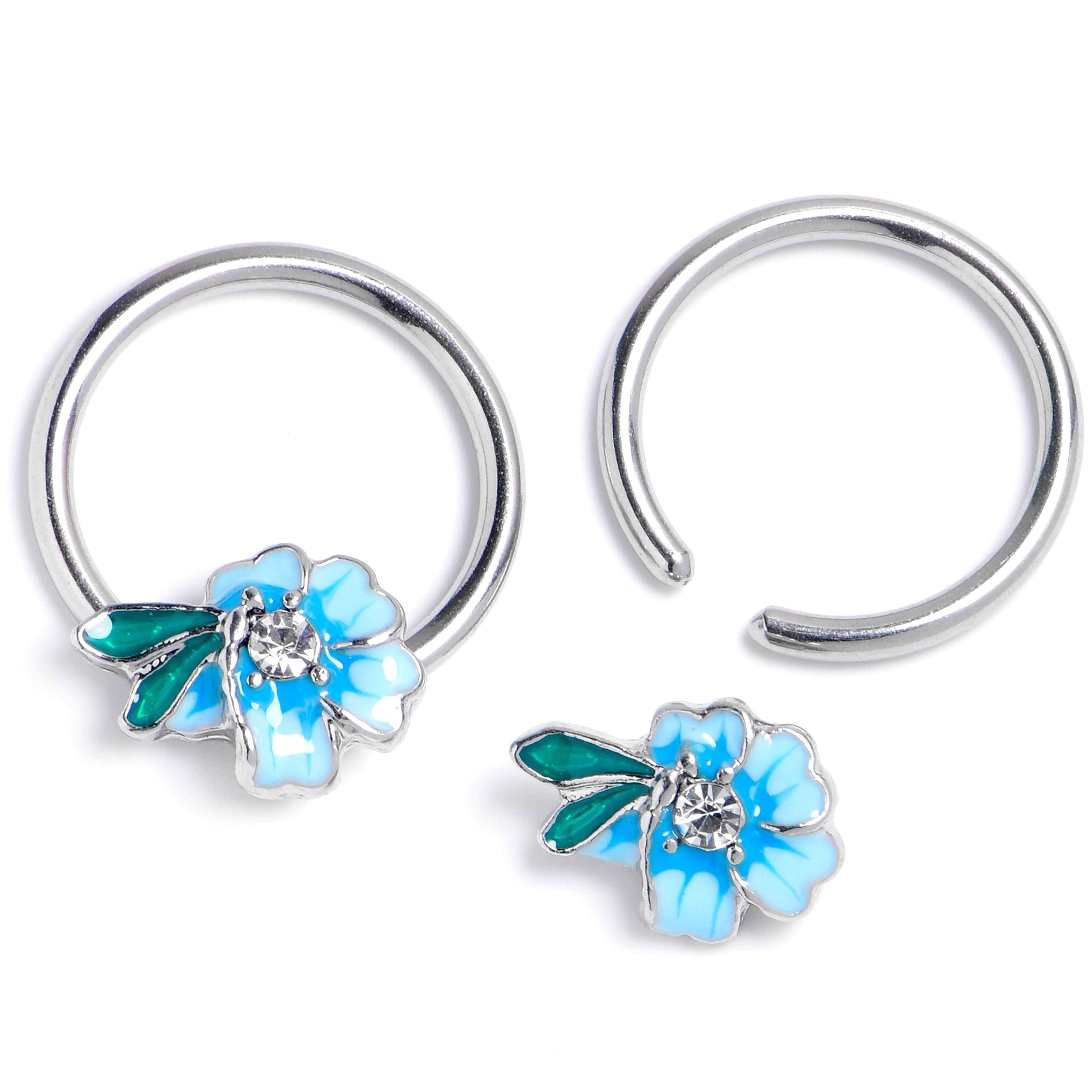 14G 9/16 Clear Gem Faerie Flower Blue BCR Captive Ring Set | NIPPLE RING | Wiccan Center