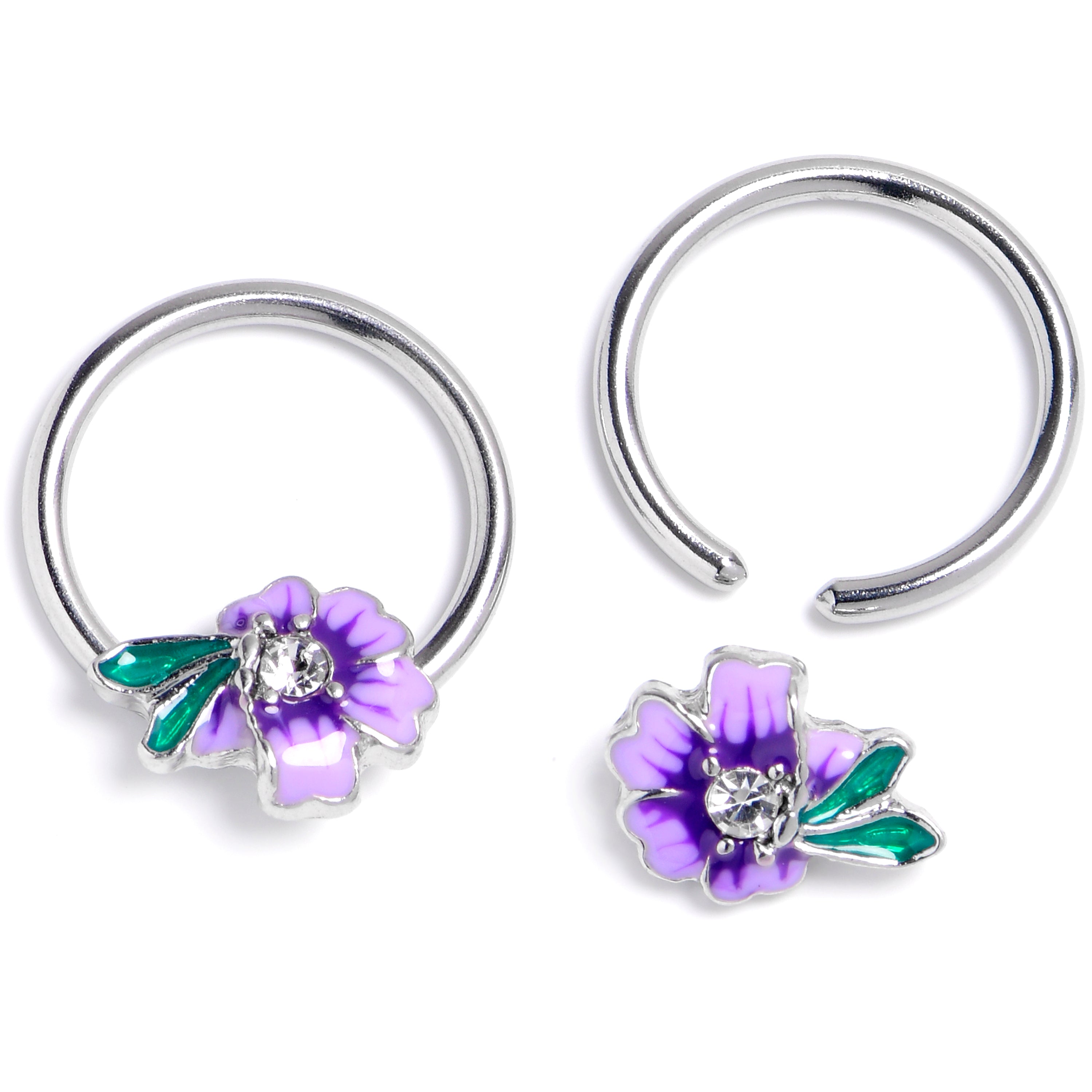 14G 9/16 Clear Gem Faerie Flower Purple BCR Captive Ring Set | NIPPLE RING | Wiccan Center