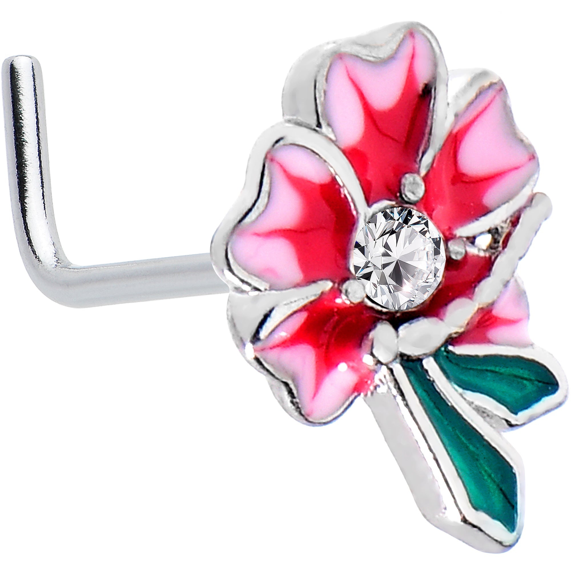 20G 1/4 Clear Gem Faerie Flower Pink L Shape Nose Ring | NOSE RING L-Shape | Wiccan Center