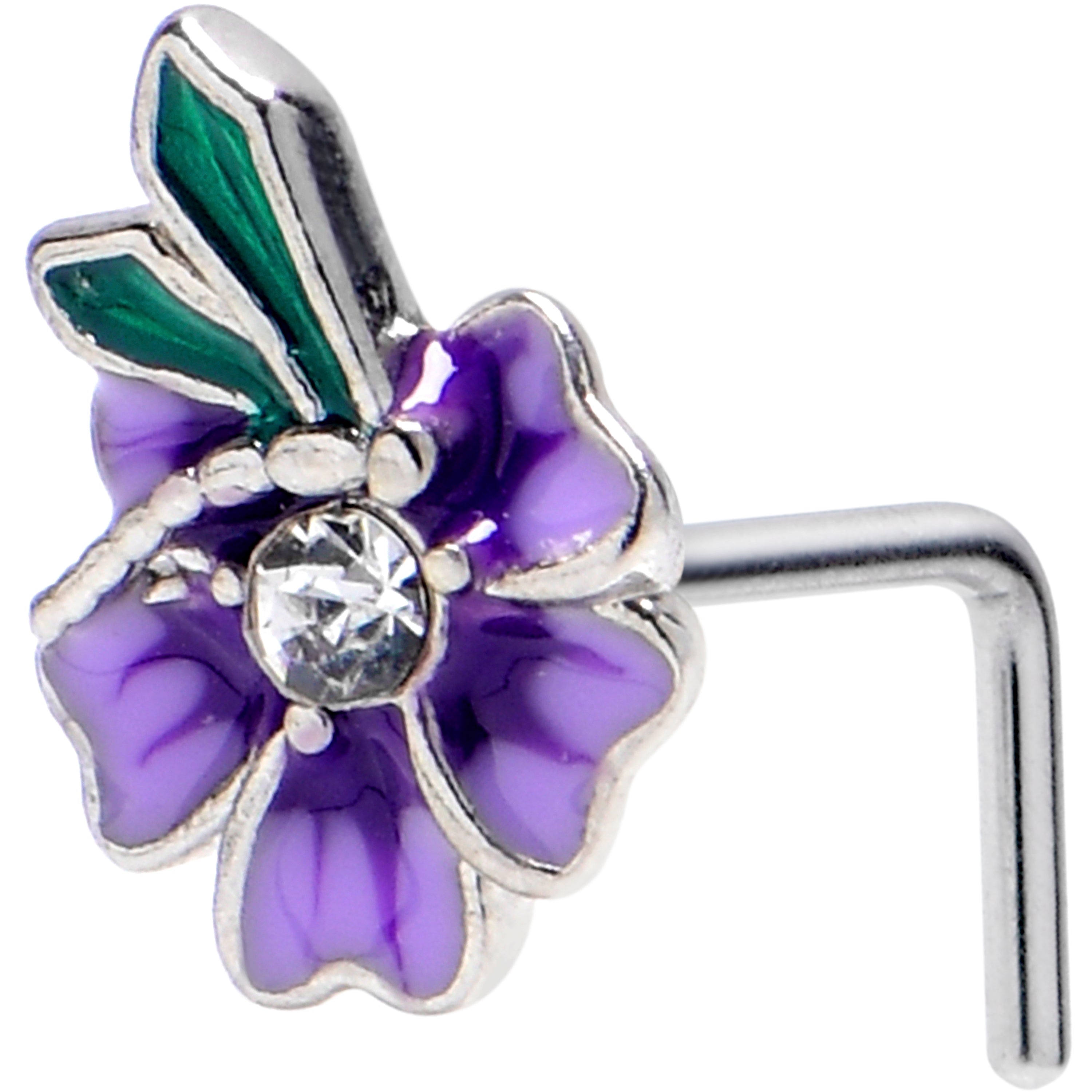 20G 1/4 Clear Gem Faerie Flower Purple L Shape Nose Ring | NOSE RING L-Shape | Wiccan Center