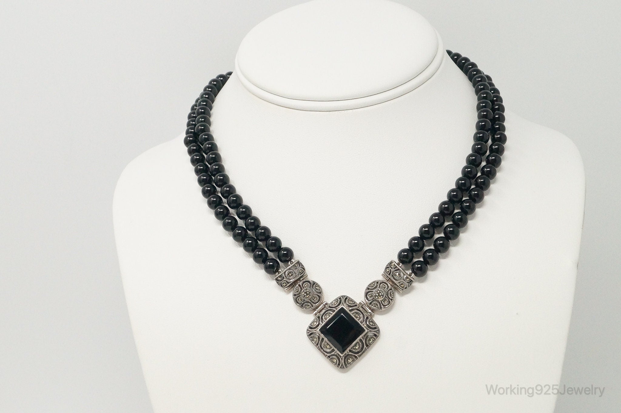 Vintage Designer Judith Jack Black Onyx Marcasite Sterling Silver Necklace | Jewelry > Necklaces > Pendants | Wiccan Center