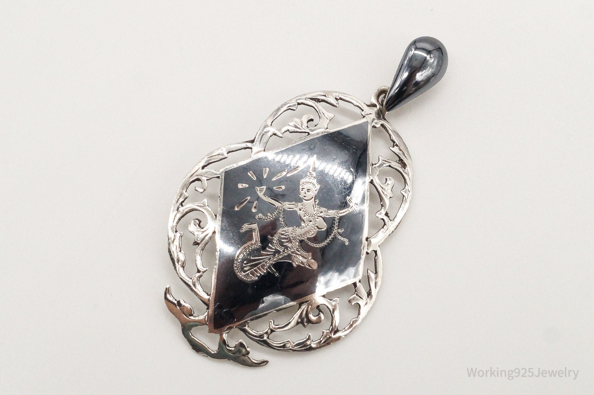 Large Vintage Siam Black Enamel Goddess Dancer Sterling Silver Pendant | Jewelry > Necklaces > Pendants | Wiccan Center