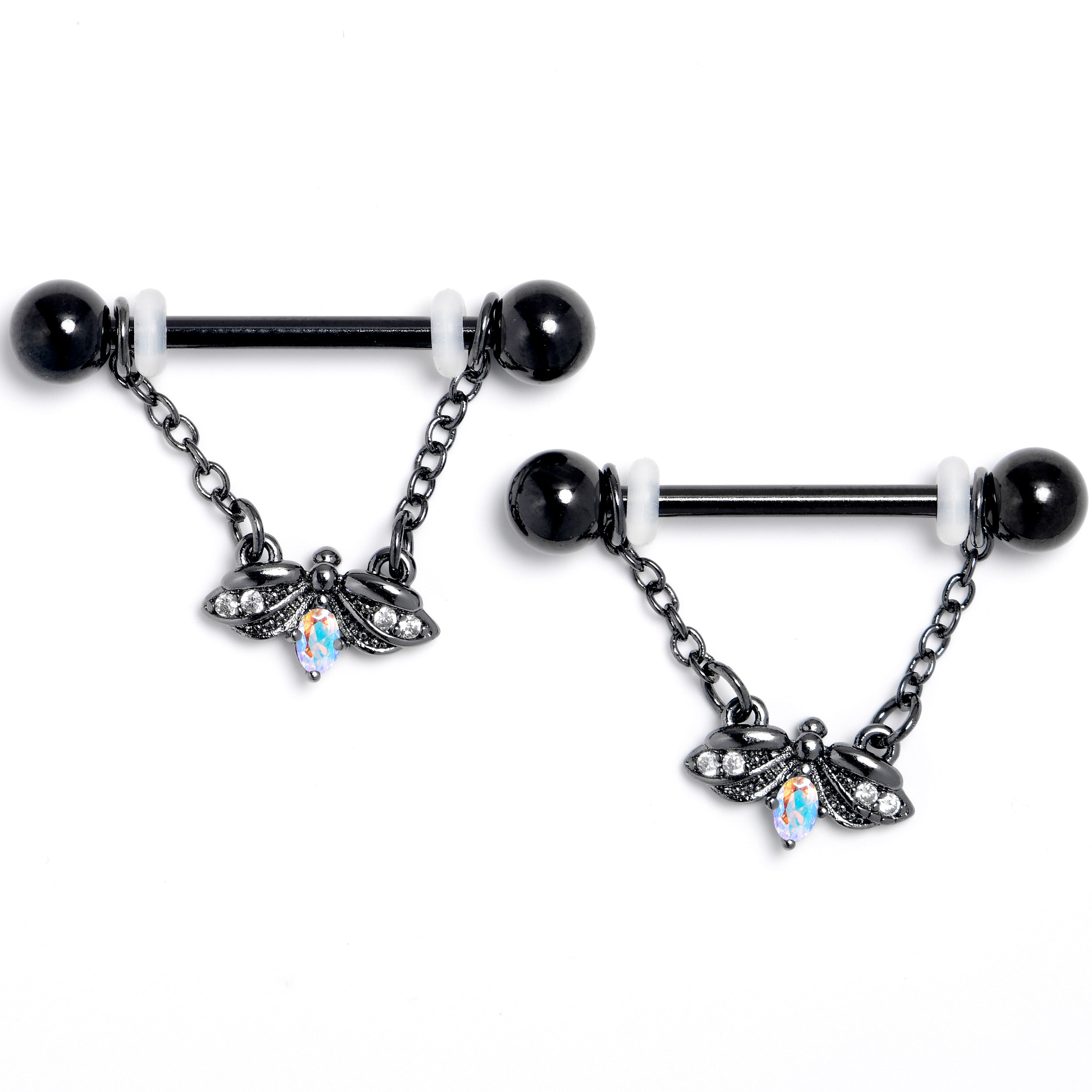 14G 9/16 Aurora Gem Black Gothic Butterfly Dangle Nipple Ring Set | NIPPLE RING Dangle | Wiccan Center