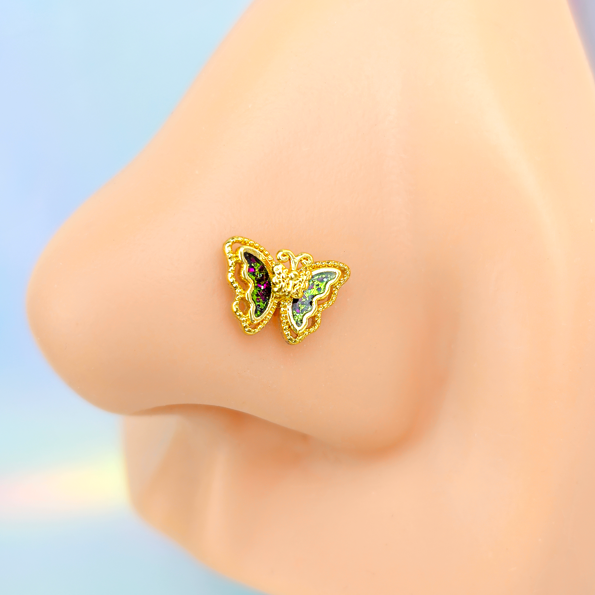 20G 7mm Vitrail Gem Classic Butterfly Golden L Shape Nose Ring | NOSE RING L-Shape | Wiccan Center