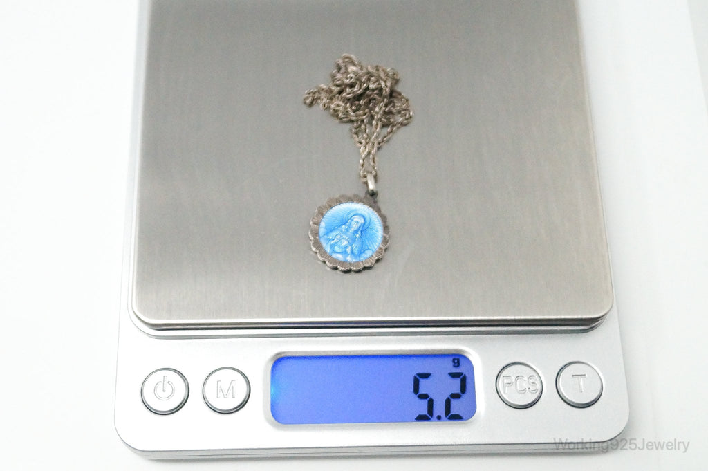 Vintage French Mother Mary Jesus Blue Enamel Sterling Silver Necklace | Jewelry > Necklaces > Pendants | Wiccan Center