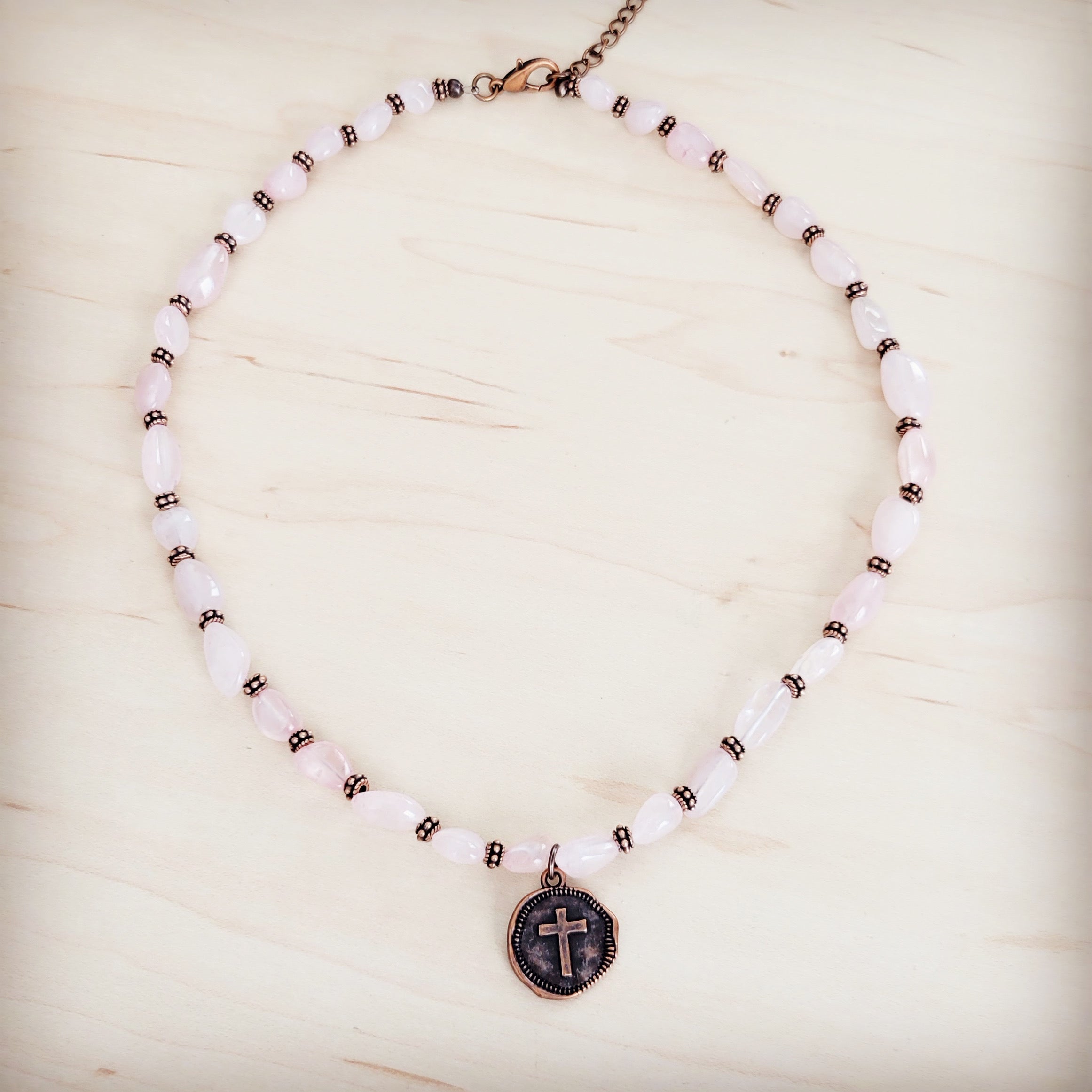 **Rose Quartz Collar Necklace w/ Copper Cross Round Charm 263j | Necklace | Wiccan Center