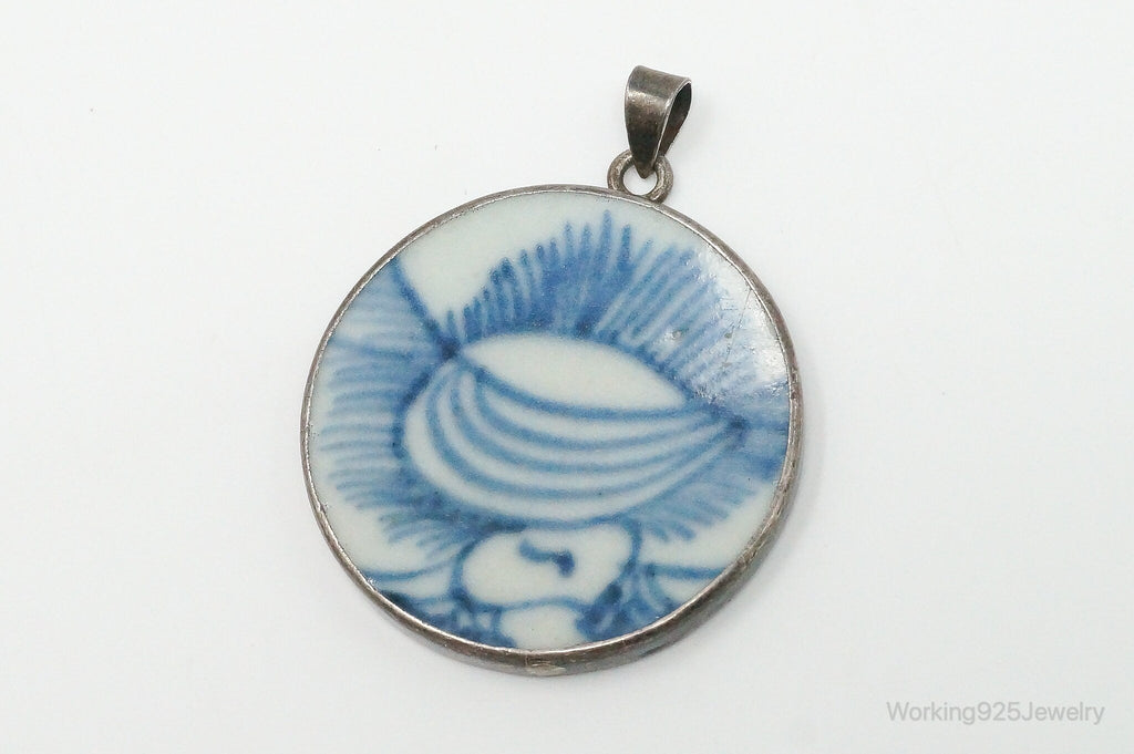 Vintage White Blue Ming Porcelain Sterling Silver Pendant | Jewelry > Necklaces > Pendants | Wiccan Center