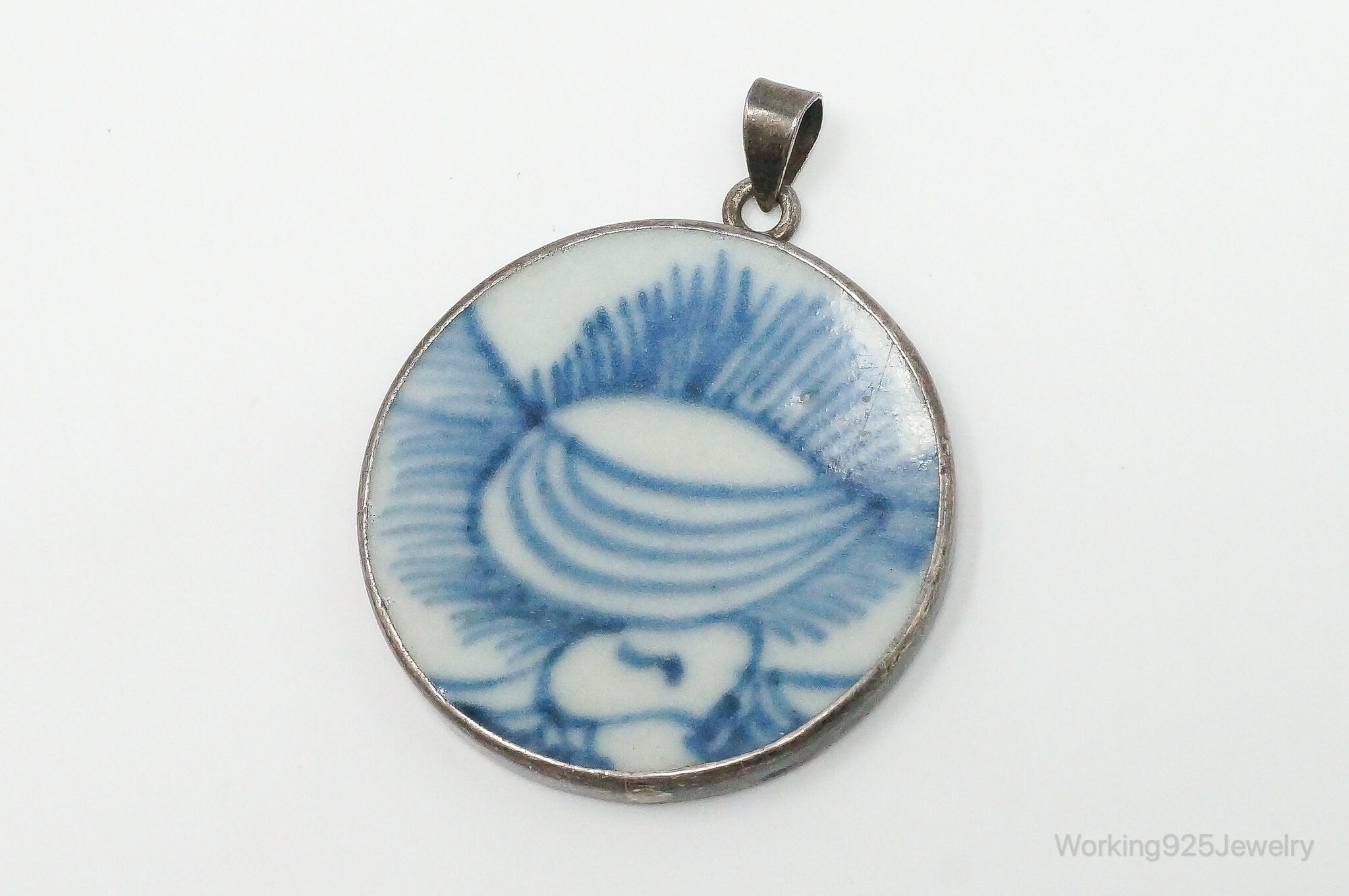 Vintage White Blue Ming Porcelain Sterling Silver Pendant | Jewelry > Necklaces > Pendants | Wiccan Center