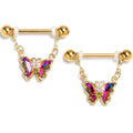 14G 9/16 Vitrail Gem Gold Tone Classic Butterfly Dangle Nipple Ring Set | NIPPLE RING Dangle | Wiccan Center