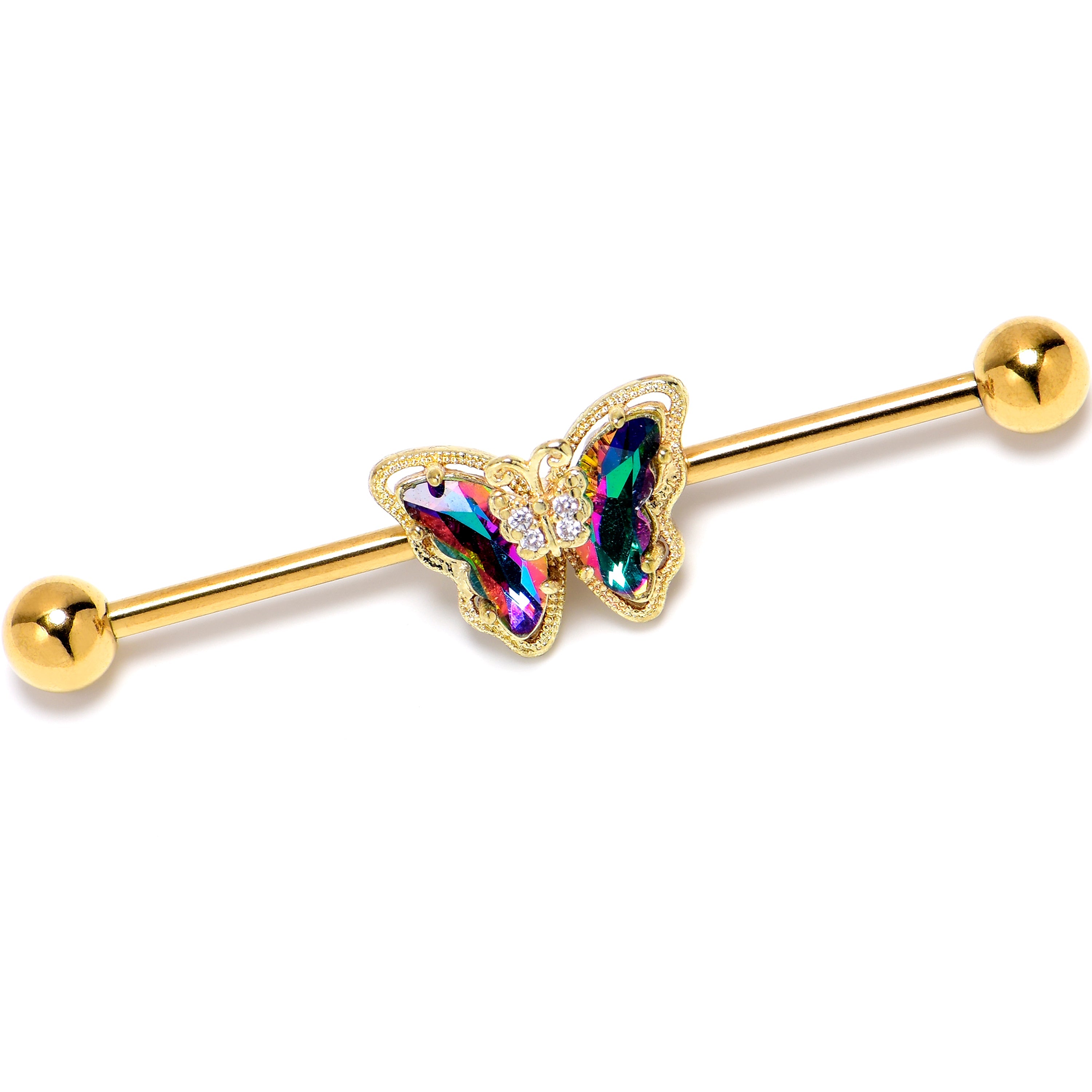 14G Vitrail Gem Gold Tone Classic Butterfly Industrial Barbell 38mm | BARBELL Industrial | Wiccan Center
