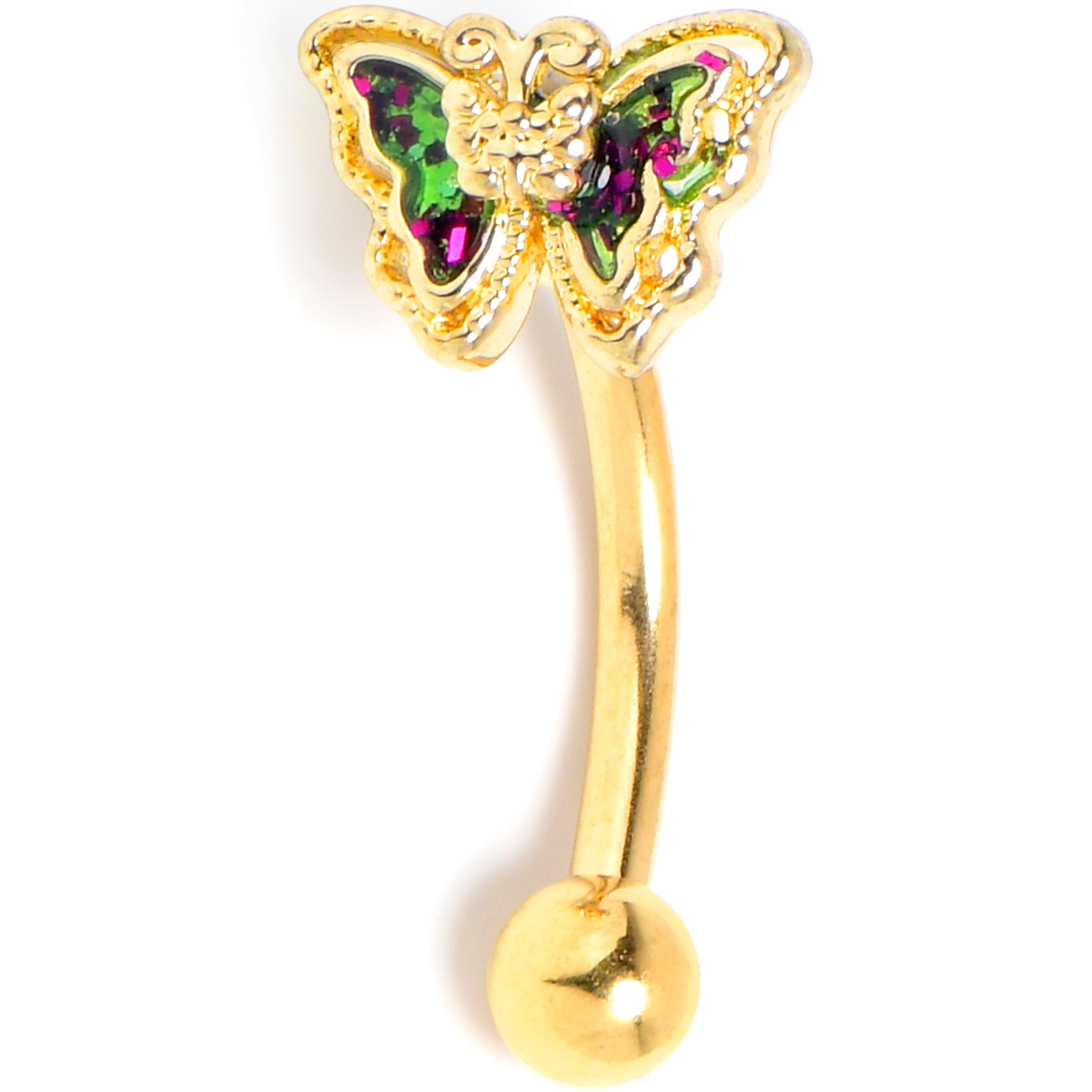 16G 5/16 Vitrail Gem Gold Tone Classic Butterfly Curved Eyebrow Ring | EYEBROW Curved | Wiccan Center