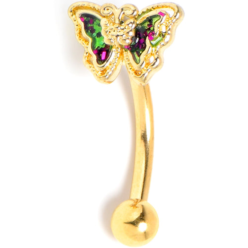 16G 5/16 Vitrail Gem Gold Tone Classic Butterfly Curved Eyebrow Ring | EYEBROW Curved | Wiccan Center