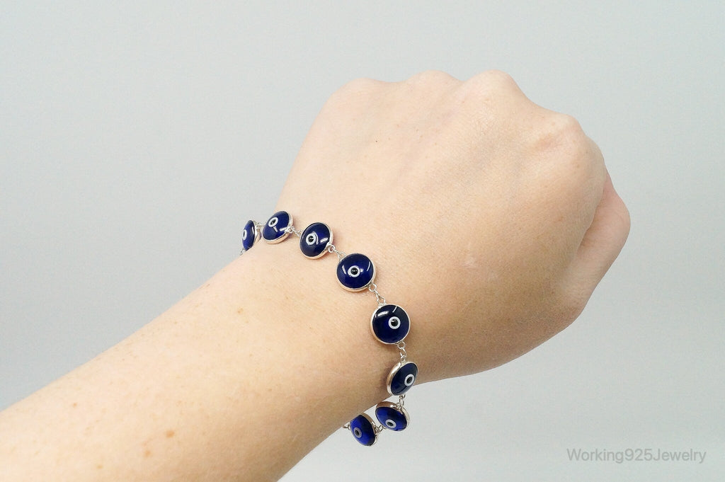 Vintage Blue Glass Eye Sterling Silver Link Bracelet | Jewelry > Bracelets | Wiccan Center