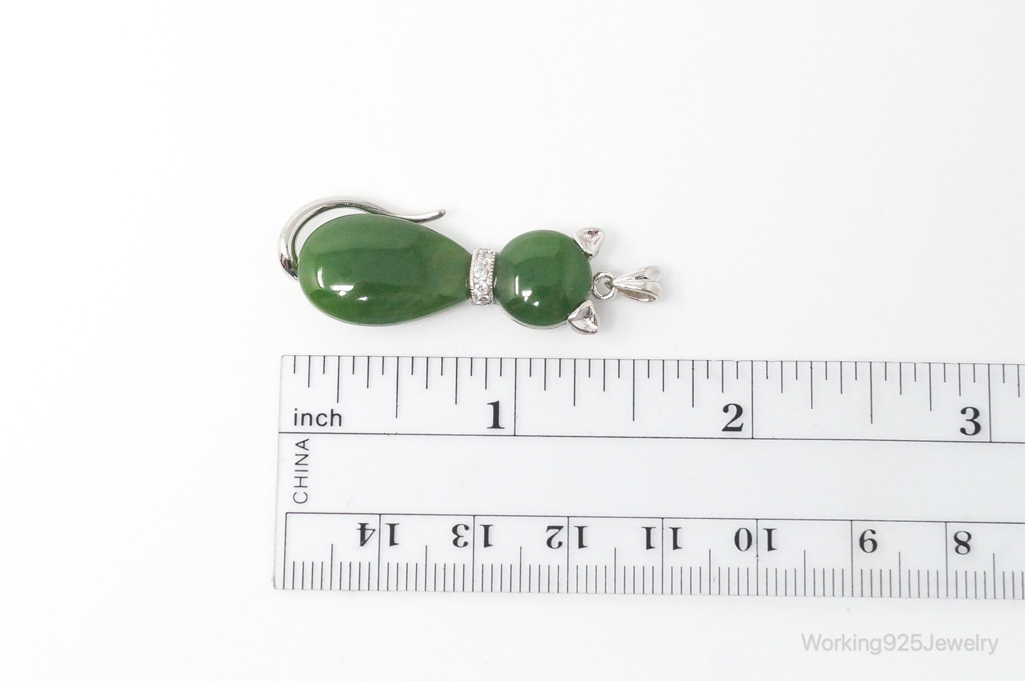 Large Kitten Cat Nephrite Cubic Zirconia Sterling Silver Necklace Pendant | Jewelry > Necklaces > Pendants | Wiccan Center