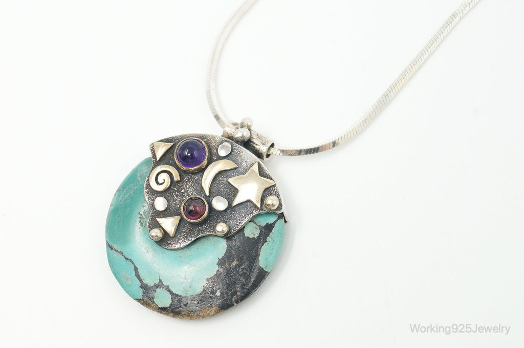 Vintage Brass Amethyst Rhodolite Garnet Turquoise Sterling Silver Necklace | Jewelry > Necklaces > Pendants | Wiccan Center