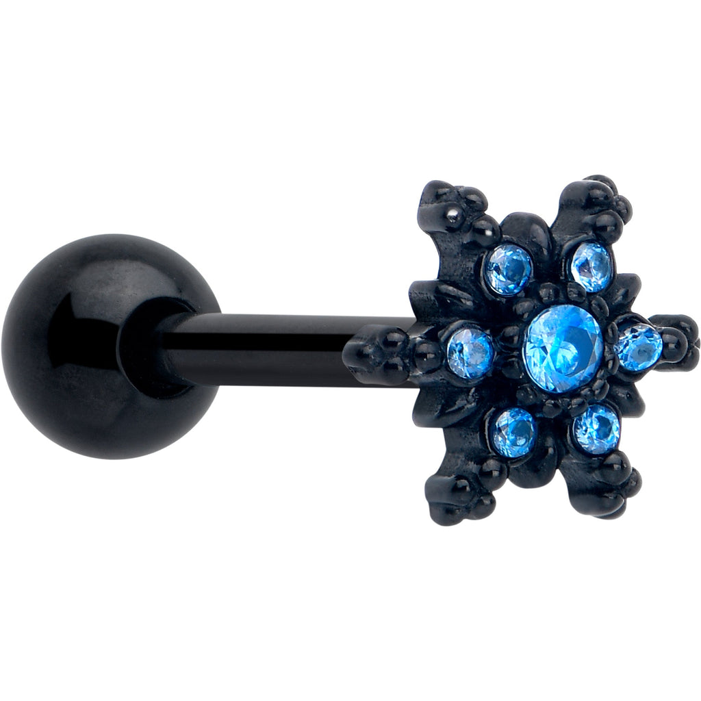 Blue CZ Gem Black Gothic Winter Holiday Snowflake Barbell Tongue Ring | BARBELL Tongue | Wiccan Center