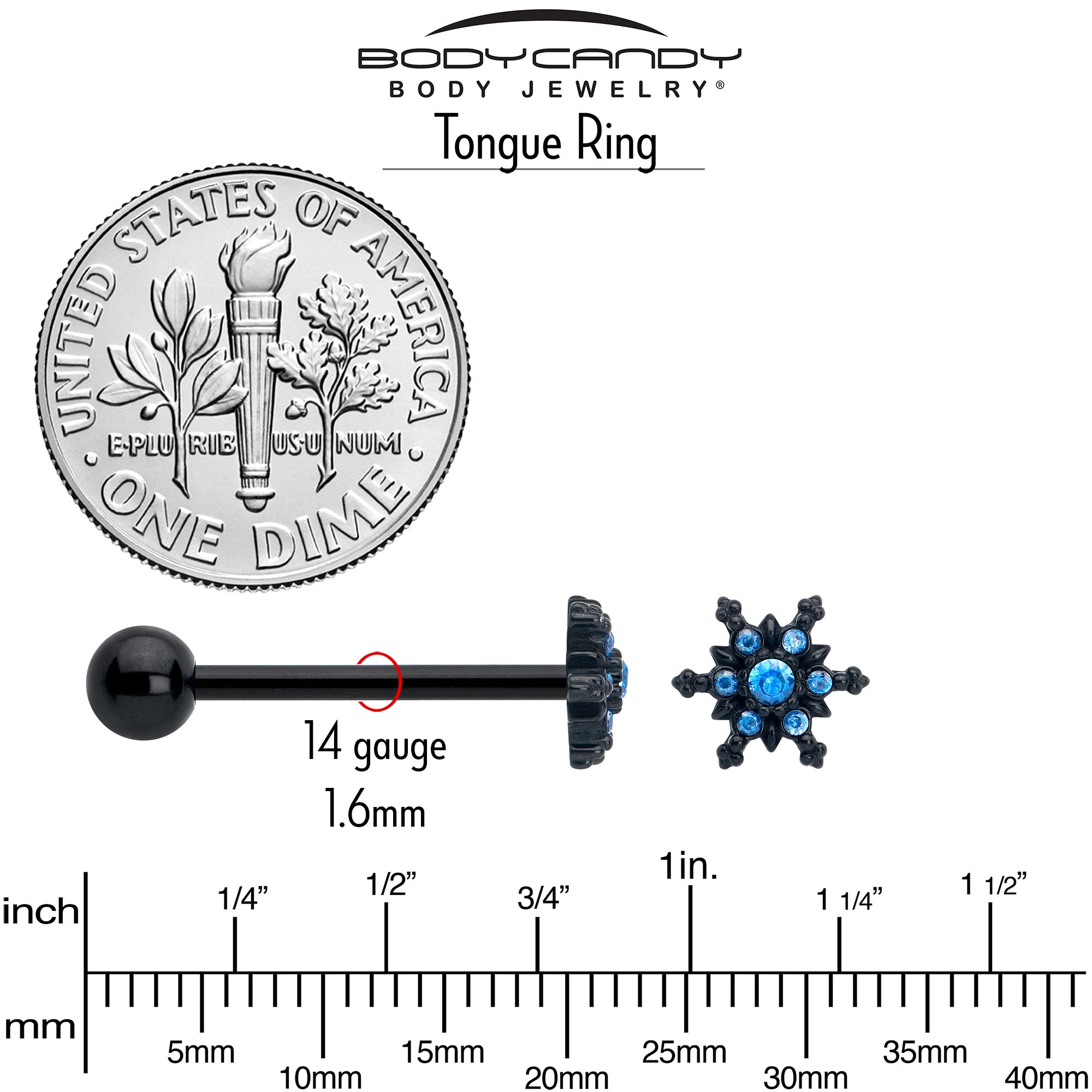 Blue CZ Gem Black Gothic Winter Holiday Snowflake Barbell Tongue Ring | BARBELL Tongue | Wiccan Center