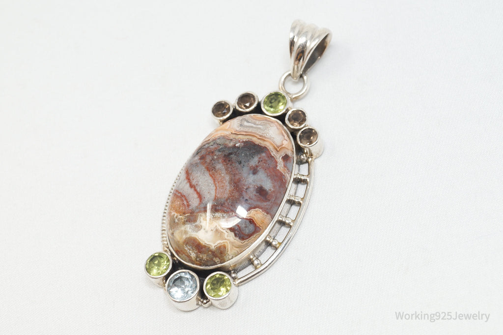 Vintage Large Brown Crazy Lace Agate Peridot Sterling Silver Necklace Pendant | Jewelry > Necklaces > Pendants | Wiccan Center