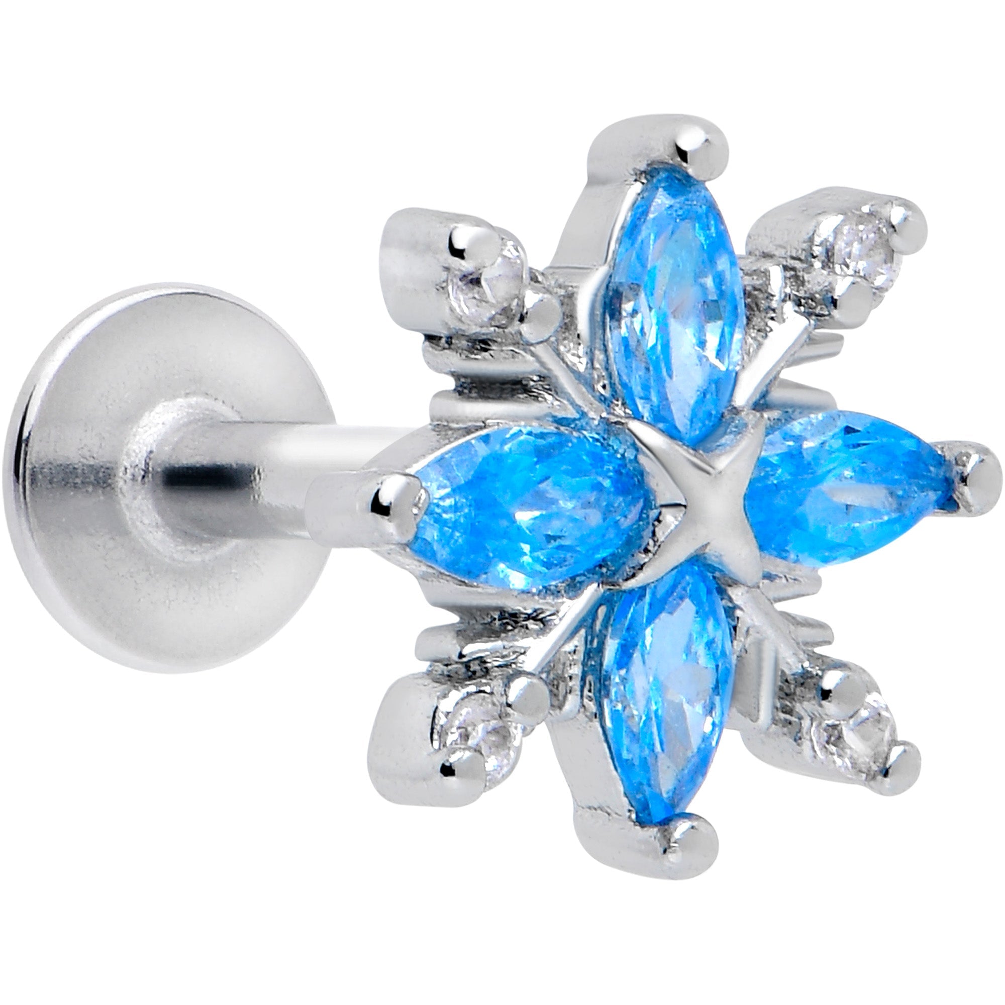 16G 1/4 Blue CZ Gem Classic Flower Flatback Stud | LABRET Monroe TRAGUS | Wiccan Center