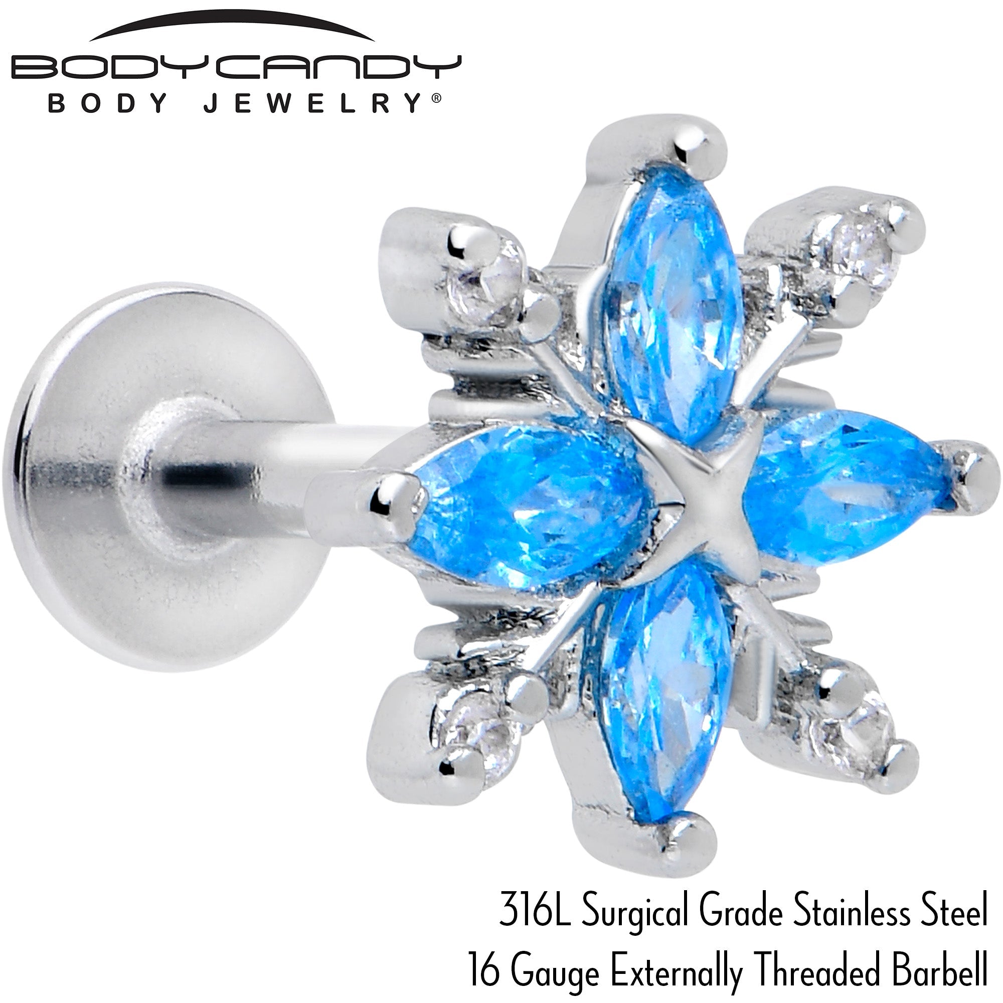 16G 1/4 Blue CZ Gem Classic Flower Flatback Stud | LABRET Monroe TRAGUS | Wiccan Center