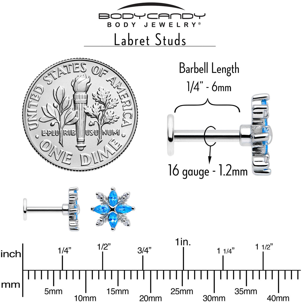 16G 1/4 Blue CZ Gem Classic Flower Flatback Stud | LABRET Monroe TRAGUS | Wiccan Center