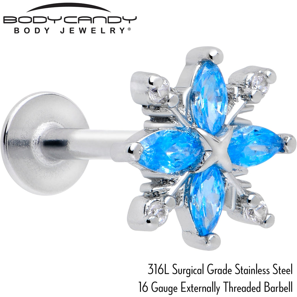 16G 5/16 Blue CZ Gem Classic Flower Flatback Stud | LABRET Monroe TRAGUS | Wiccan Center