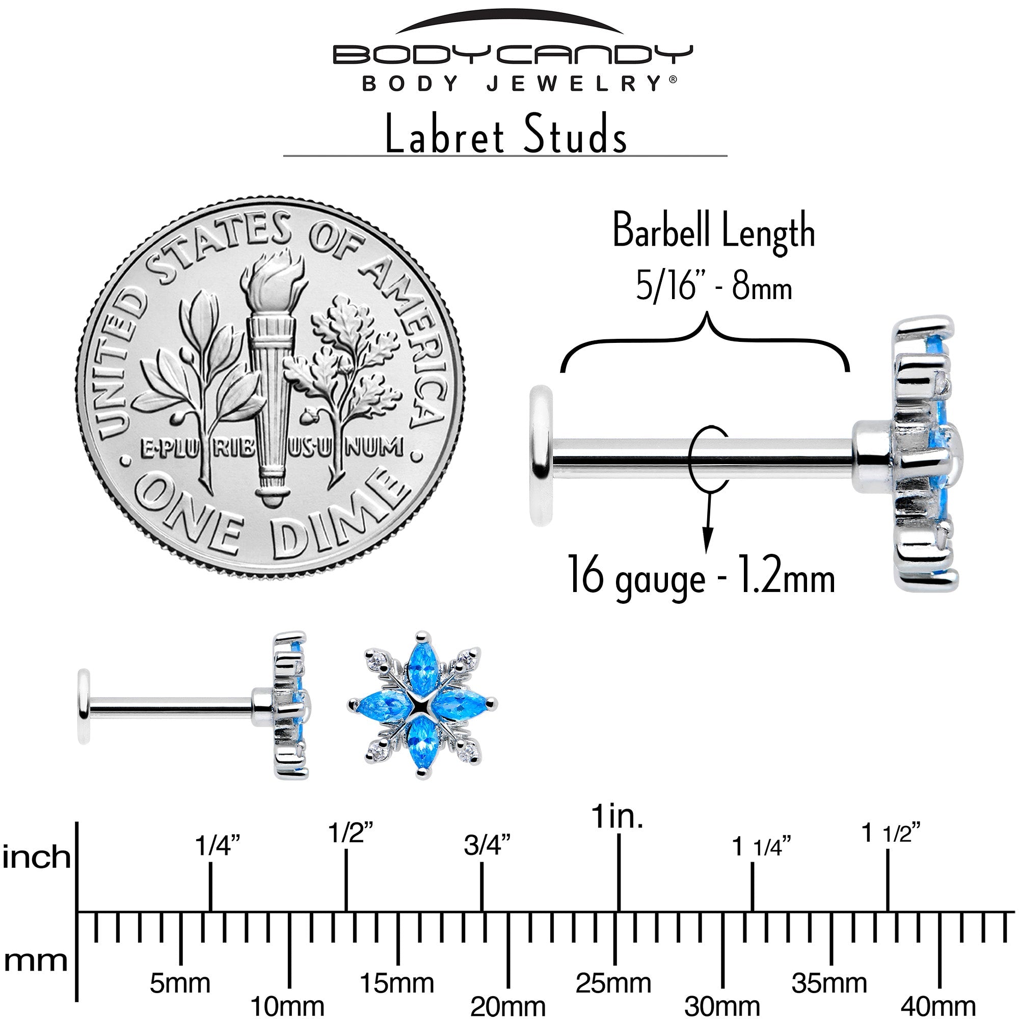 16G 5/16 Blue CZ Gem Classic Flower Flatback Stud | LABRET Monroe TRAGUS | Wiccan Center