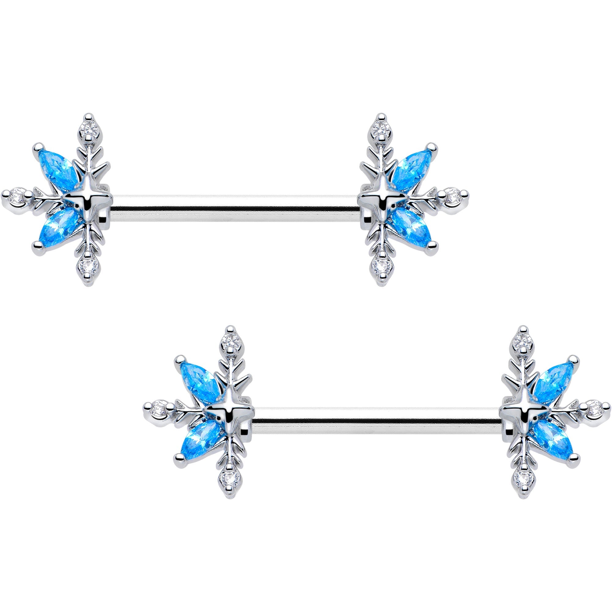 14G 9/16 Blue CZ Gem Classic Flower Barbell Nipple Ring Set | NIPPLE Barbell | Wiccan Center