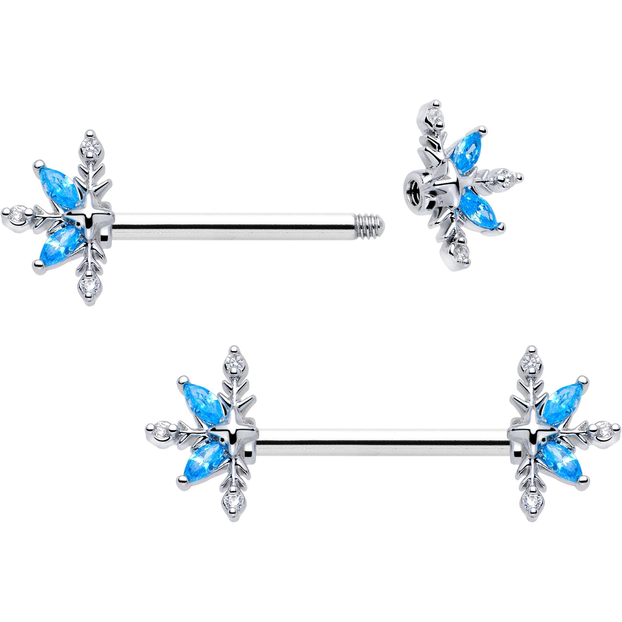 14G 9/16 Blue CZ Gem Classic Flower Barbell Nipple Ring Set | NIPPLE Barbell | Wiccan Center