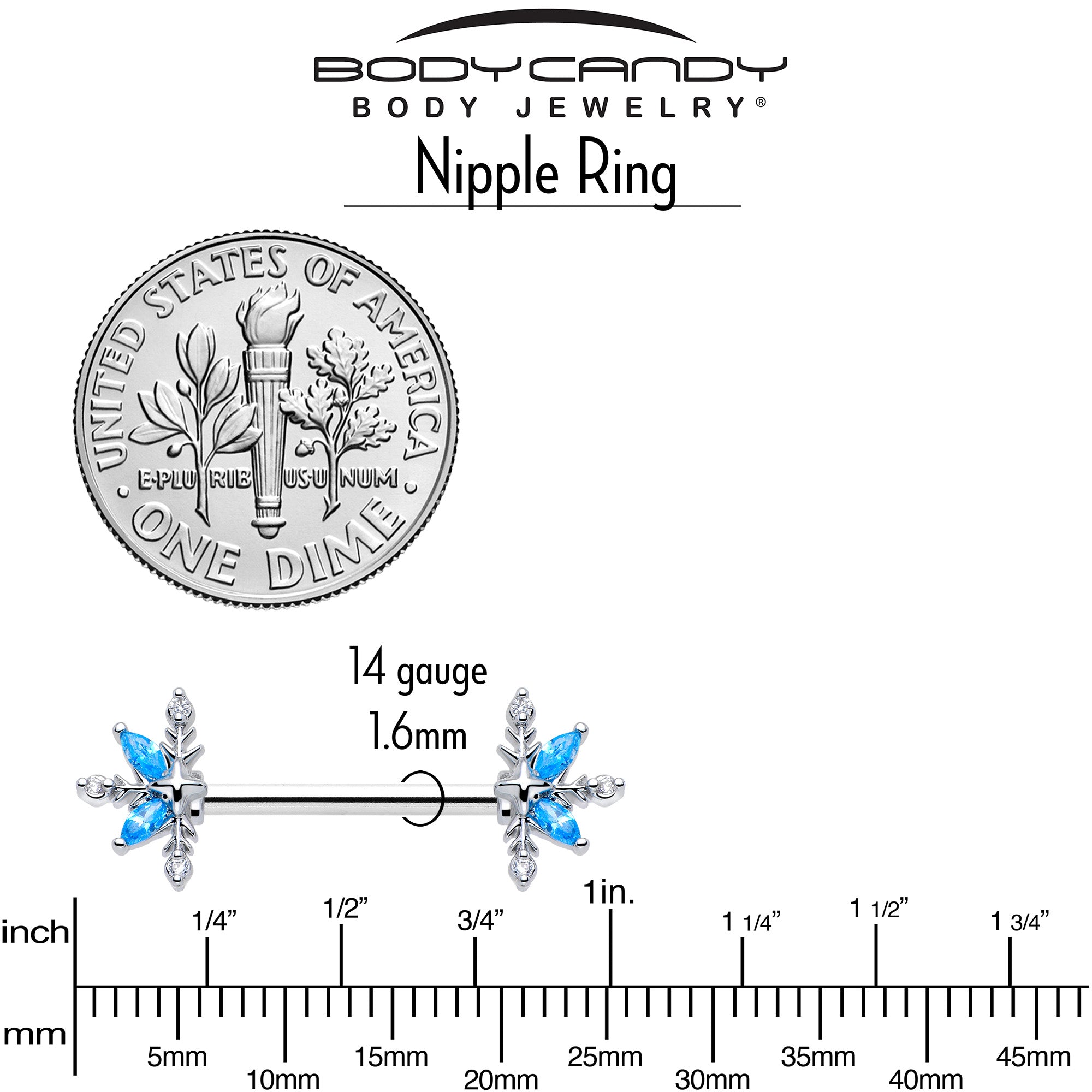 14G 9/16 Blue CZ Gem Classic Flower Barbell Nipple Ring Set | NIPPLE Barbell | Wiccan Center