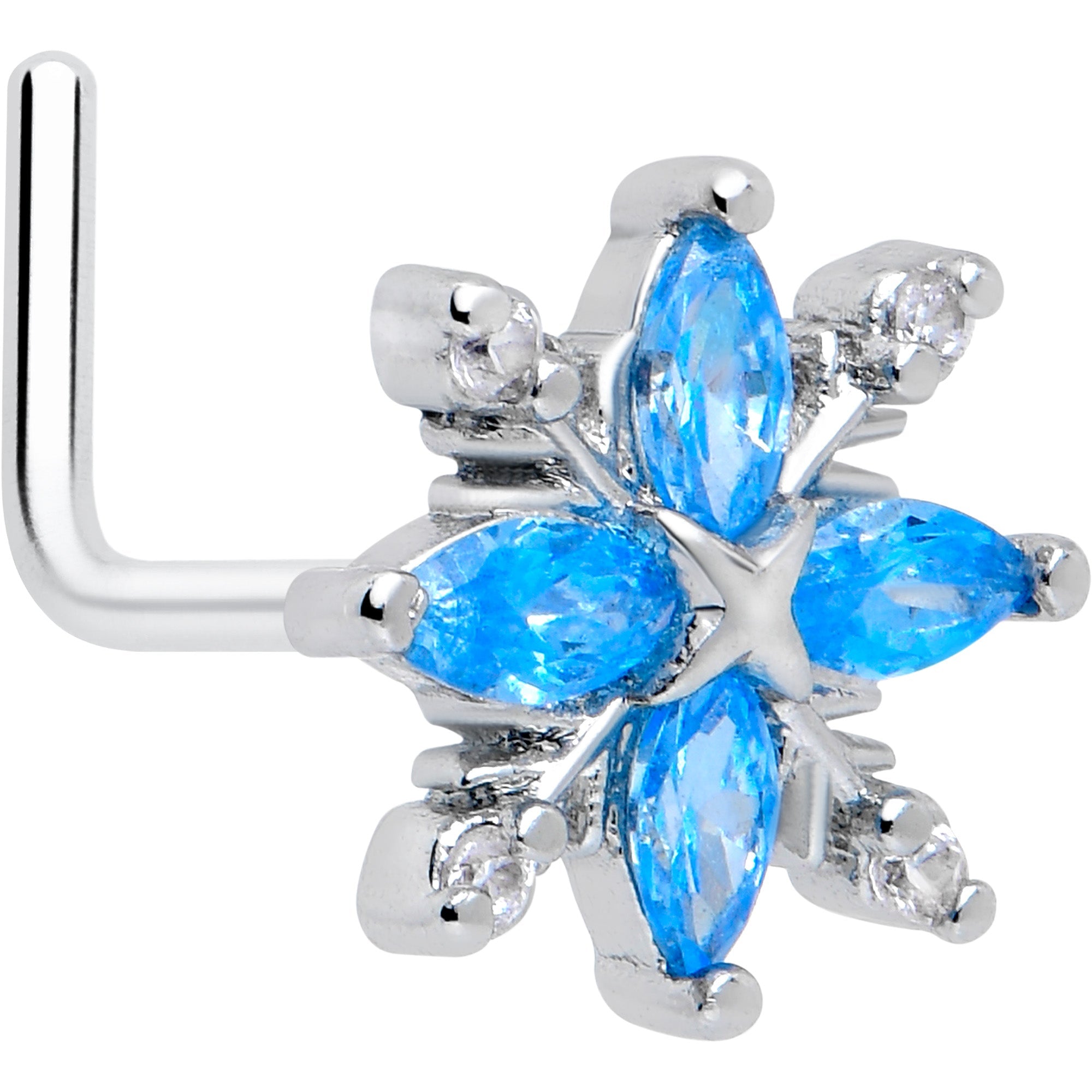 20G 7mm Blue CZ Gem Classic Flower L Shape Nose Ring | NOSE RING L-Shape | Wiccan Center