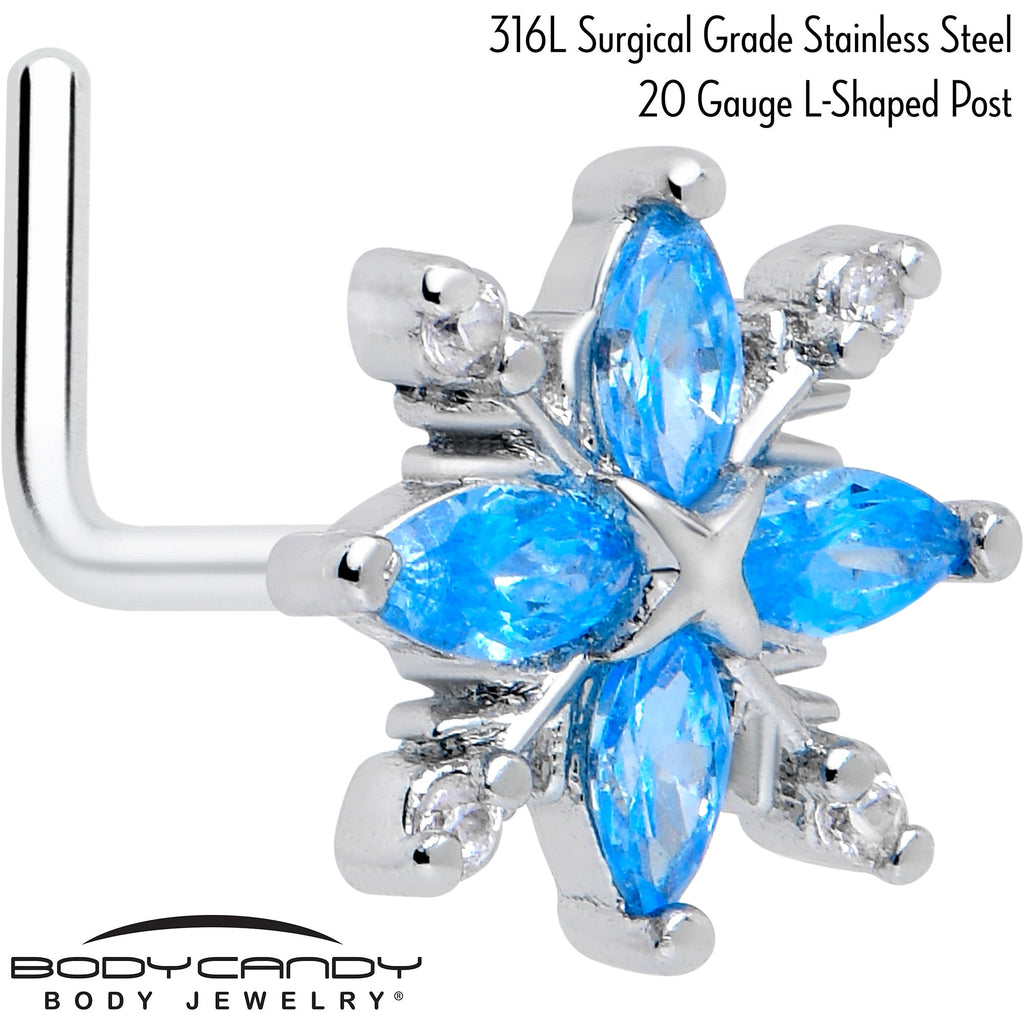 20G 7mm Blue CZ Gem Classic Flower L Shape Nose Ring | NOSE RING L-Shape | Wiccan Center