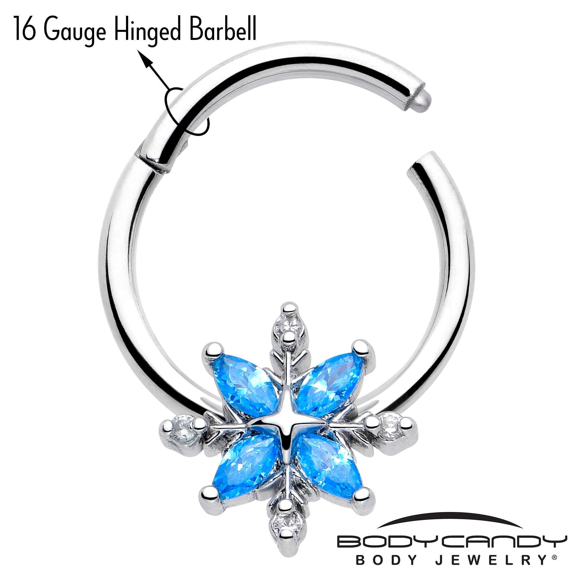 16G 3/8 Blue CZ Gem Classic Flower Hinged Segment Ring | SEGMENT RING | Wiccan Center