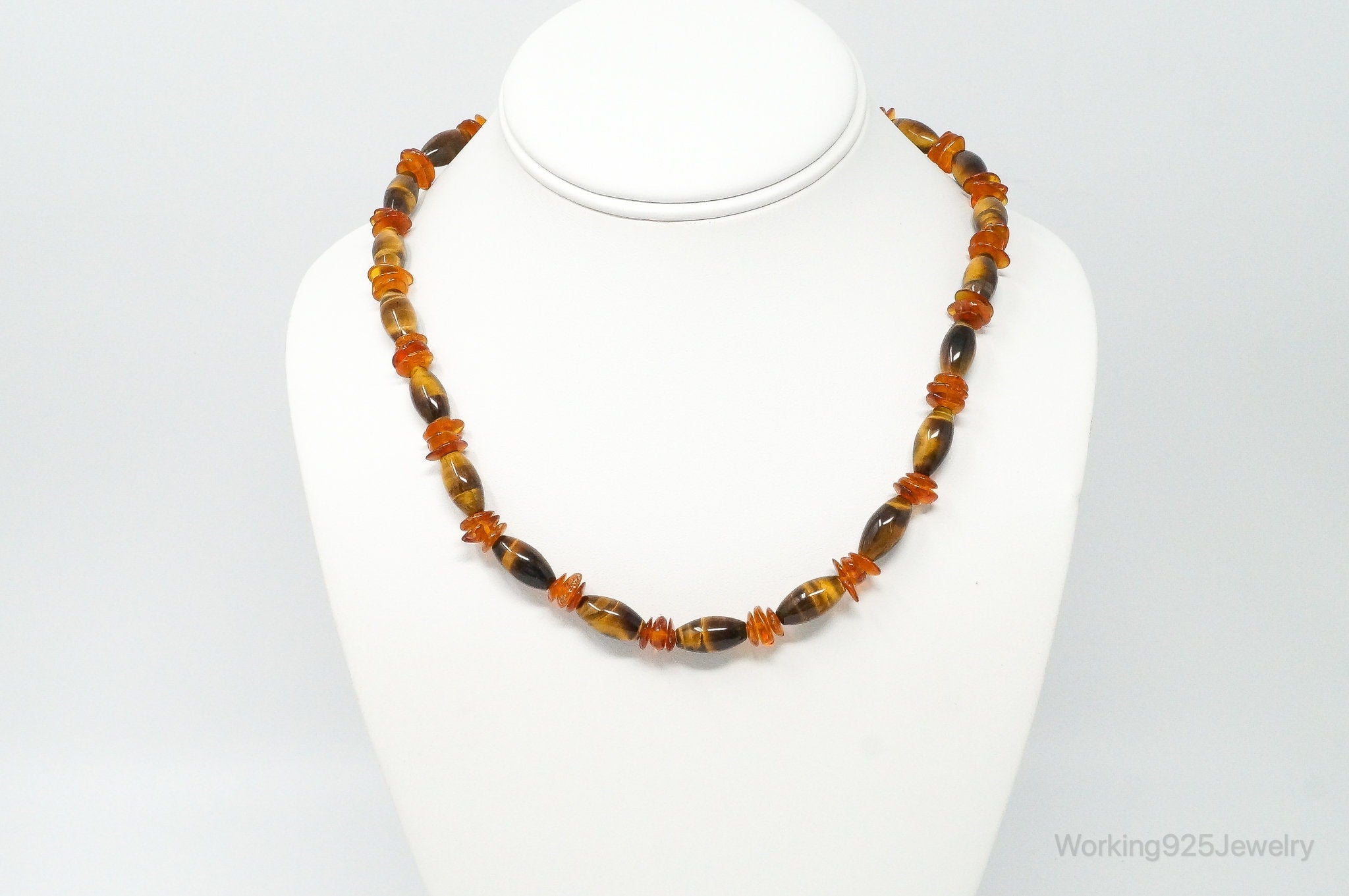 Vintage Designer GSJ Amber Tigers Eye Beads Sterling Silver Necklace | Jewelry > Necklaces > Pendants | Wiccan Center