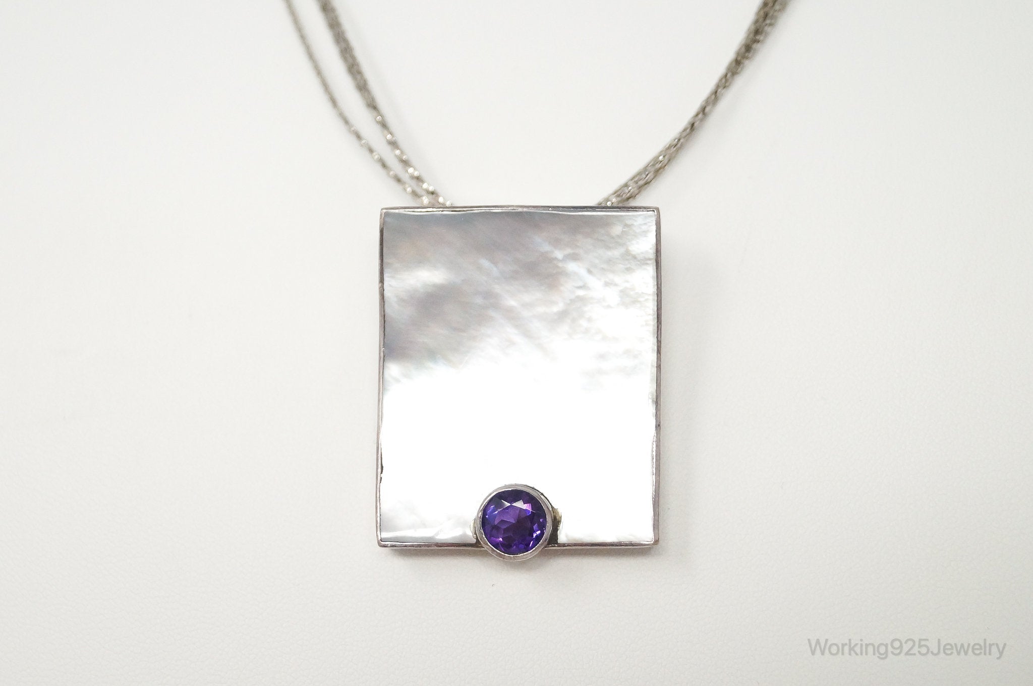 Vintage Large Mother Of Pearl Amethyst Modernist Sterling Silver Necklace | Jewelry > Necklaces > Pendants | Wiccan Center