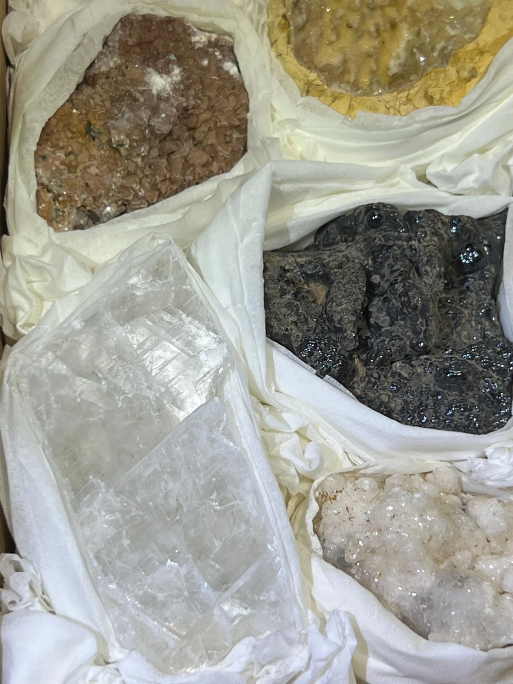 Morocco Mixed Minerals Crystal Druzy Collection Large Boxed Flat Wholesale | Home & Living > Home Decor > Home Accents > Rocks & Geodes | Wiccan Center