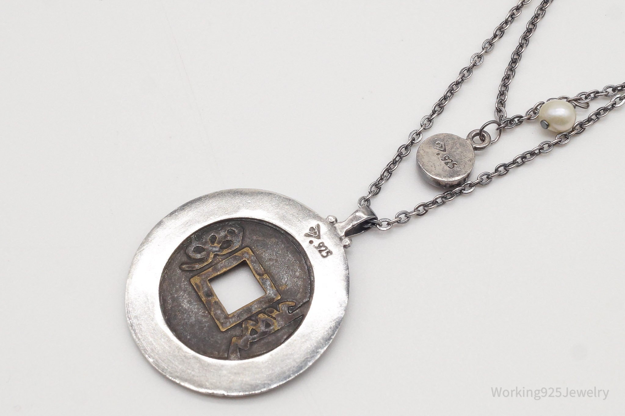Designer Silpada Brass Chinese Coin Replica Sterling Silver Retired Necklace | Jewelry > Necklaces > Pendants | Wiccan Center