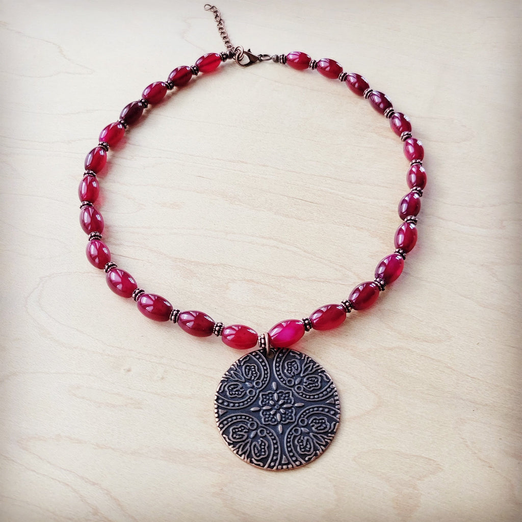**Natural Pink Jade Beaded Collar Necklace w/ Scroll Pendant 261L | Necklace | Wiccan Center