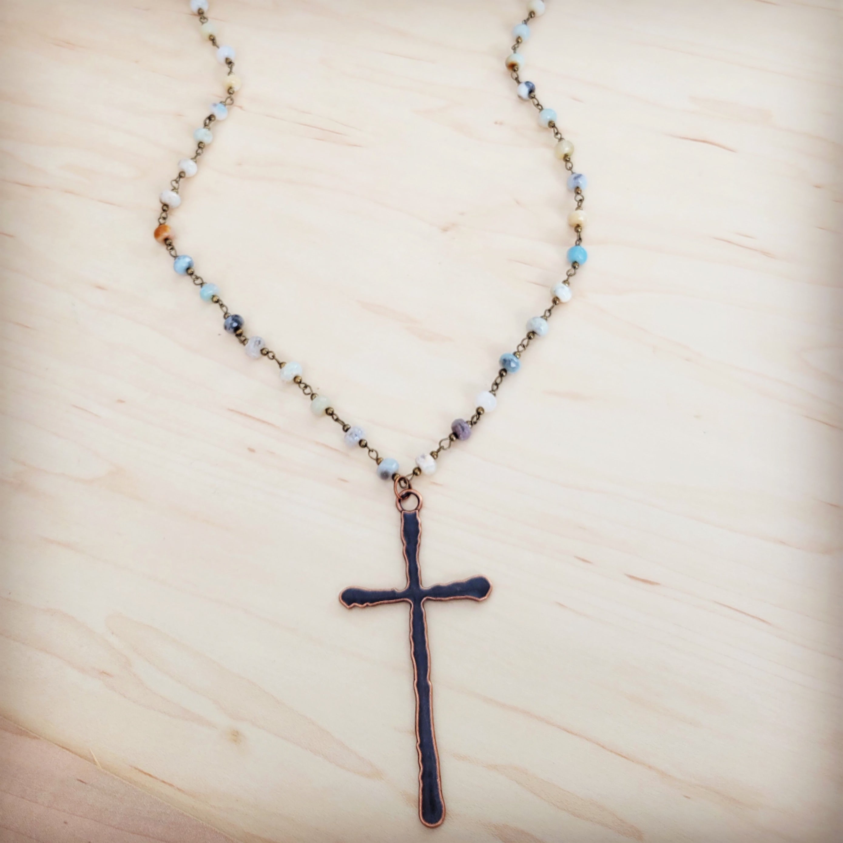 Genuine Amazonite Long Beaded Necklace with Antique Copper Cross 262x | Necklace | Wiccan Center