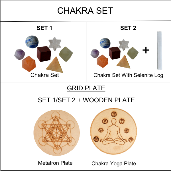 Chakra Crystals Geometric Set, 7 Chakra Plato Stones with Wooden Grid Plate, Selenite Log | Merkaba & Platonic Solids | Wiccan Center