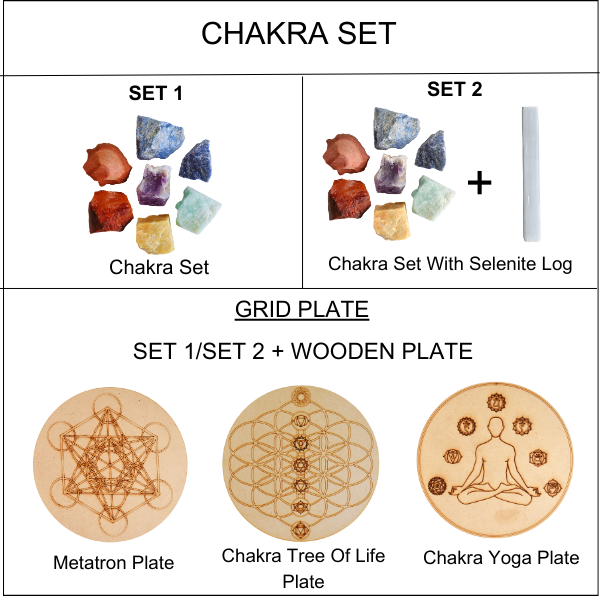 Chakra Crystals Set, 7 Chakra Rough Stones Set, Wooden Grid Plate, Selenite Log | | Wiccan Center