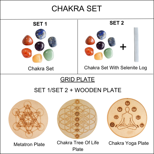 Chakra Tumbled Crystals Set, 7 Chakra Stones Set, Wooden Grid Plate, Selenite Log | | Wiccan Center